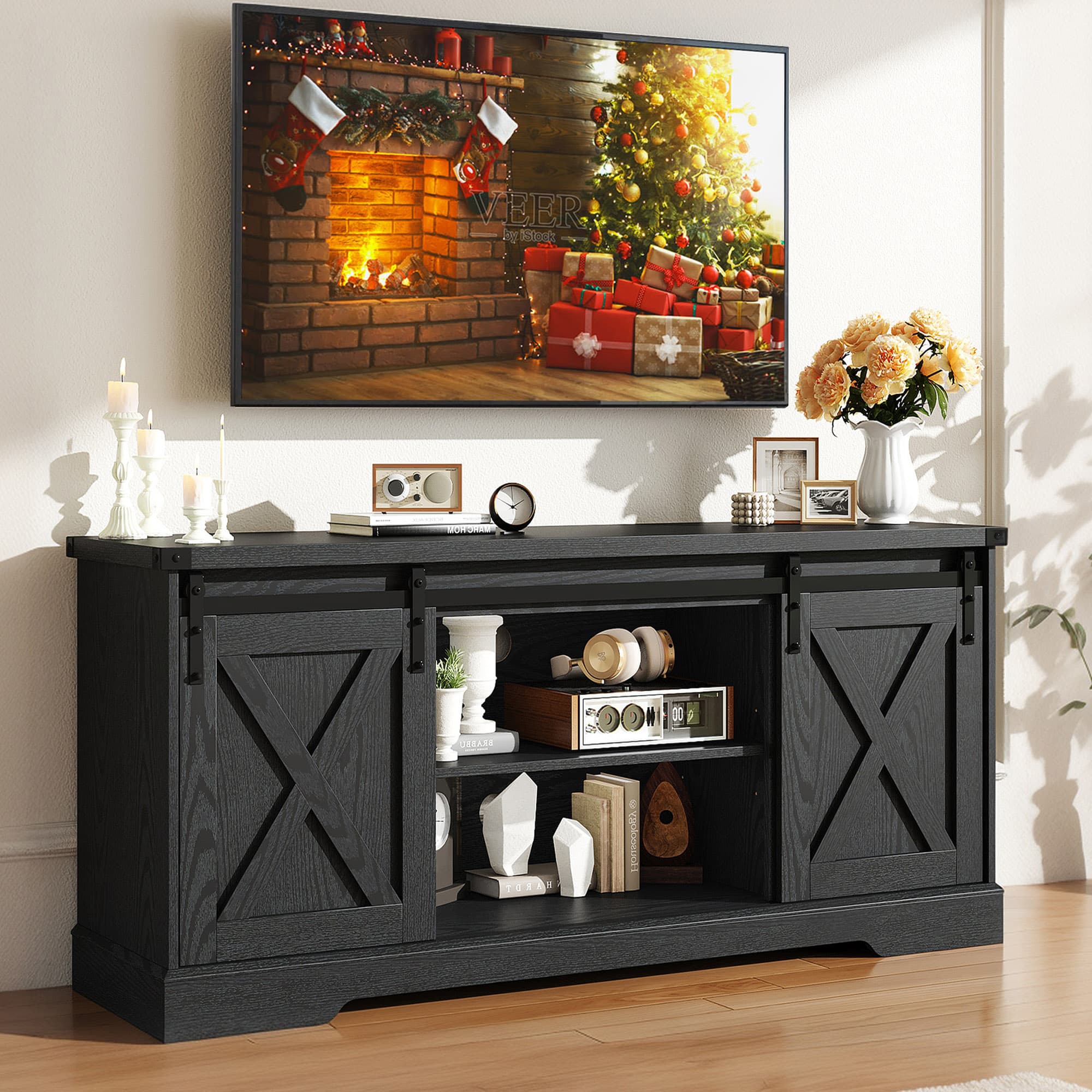 Chvans Farmhouse TV Stand for TVs up to 65 inch & 23" Electric Fireplace, Barn Door Entertainment Center Console Table with Adjustable Shevles