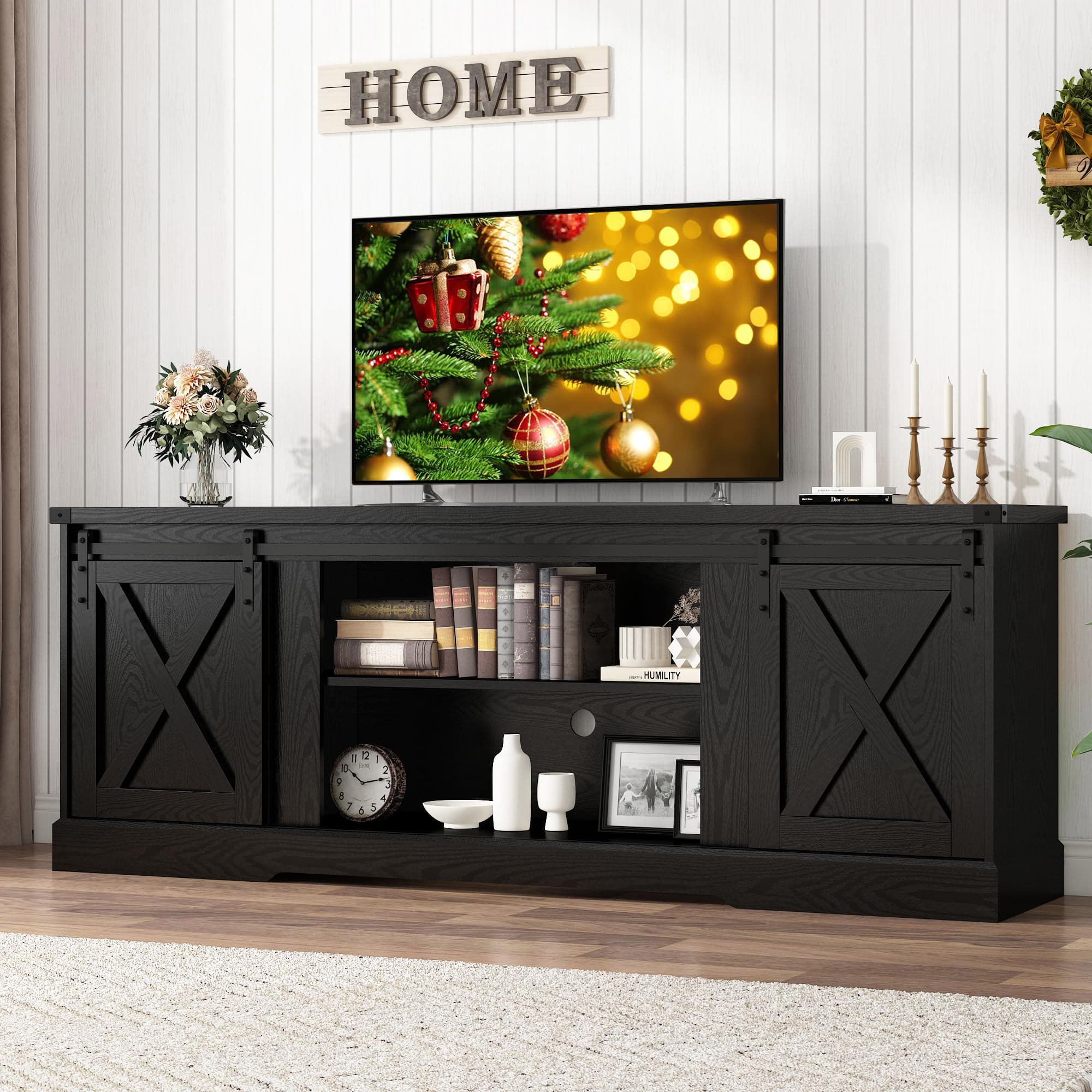Chvans Farmhouse TV Stand for up 80" TVs/36" Fireplace, 70" Large Entertainment Center Console Table with Barn Door/Adjustable Shevles