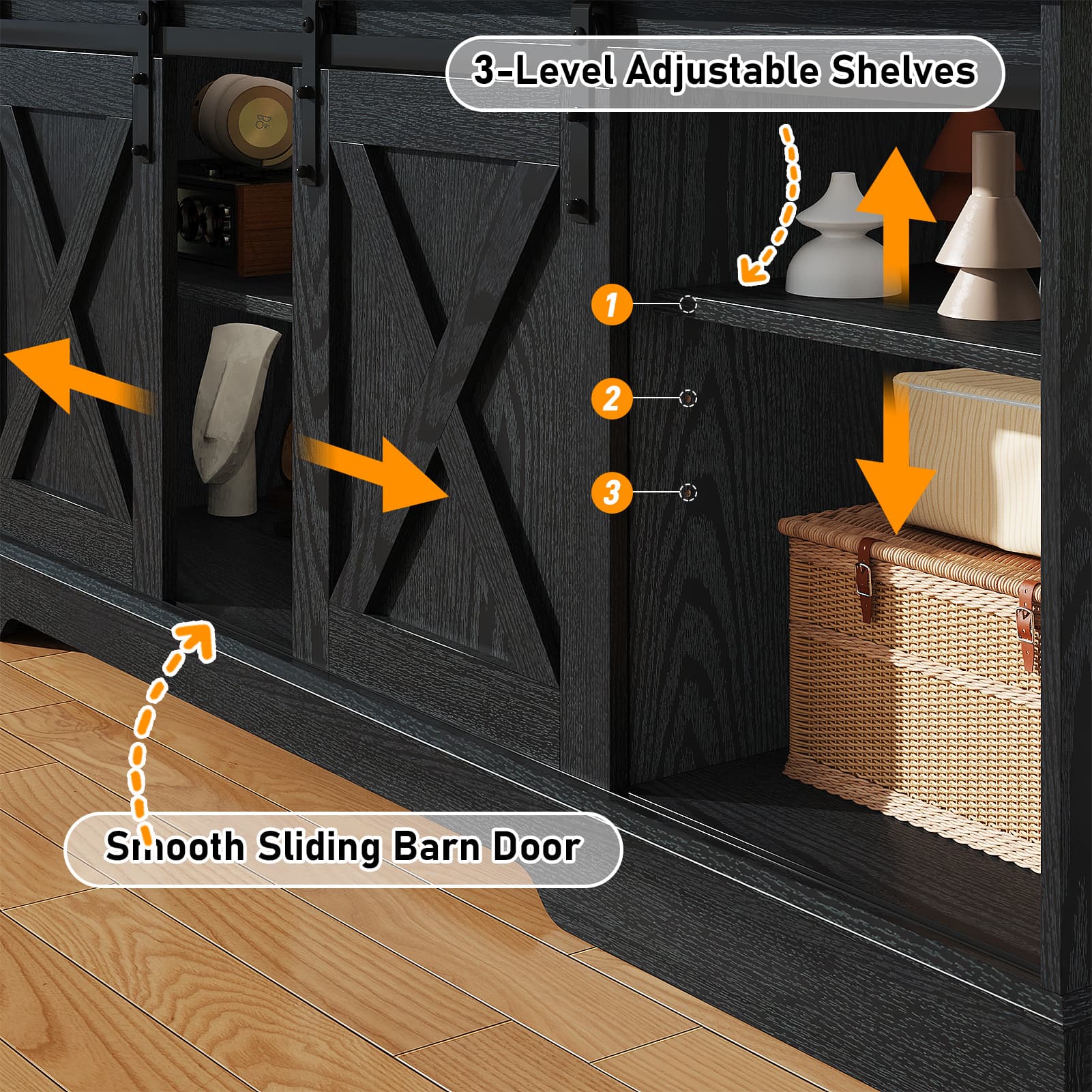 Chvans Farmhouse TV Stand for up 80" TVs/36" Fireplace, 70" Large Entertainment Center Console Table with Barn Door/Adjustable Shevles