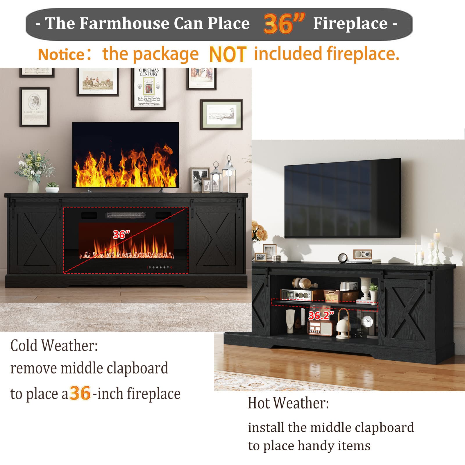 Chvans Farmhouse TV Stand for up 80" TVs/36" Fireplace, 70" Large Entertainment Center Console Table with Barn Door/Adjustable Shevles