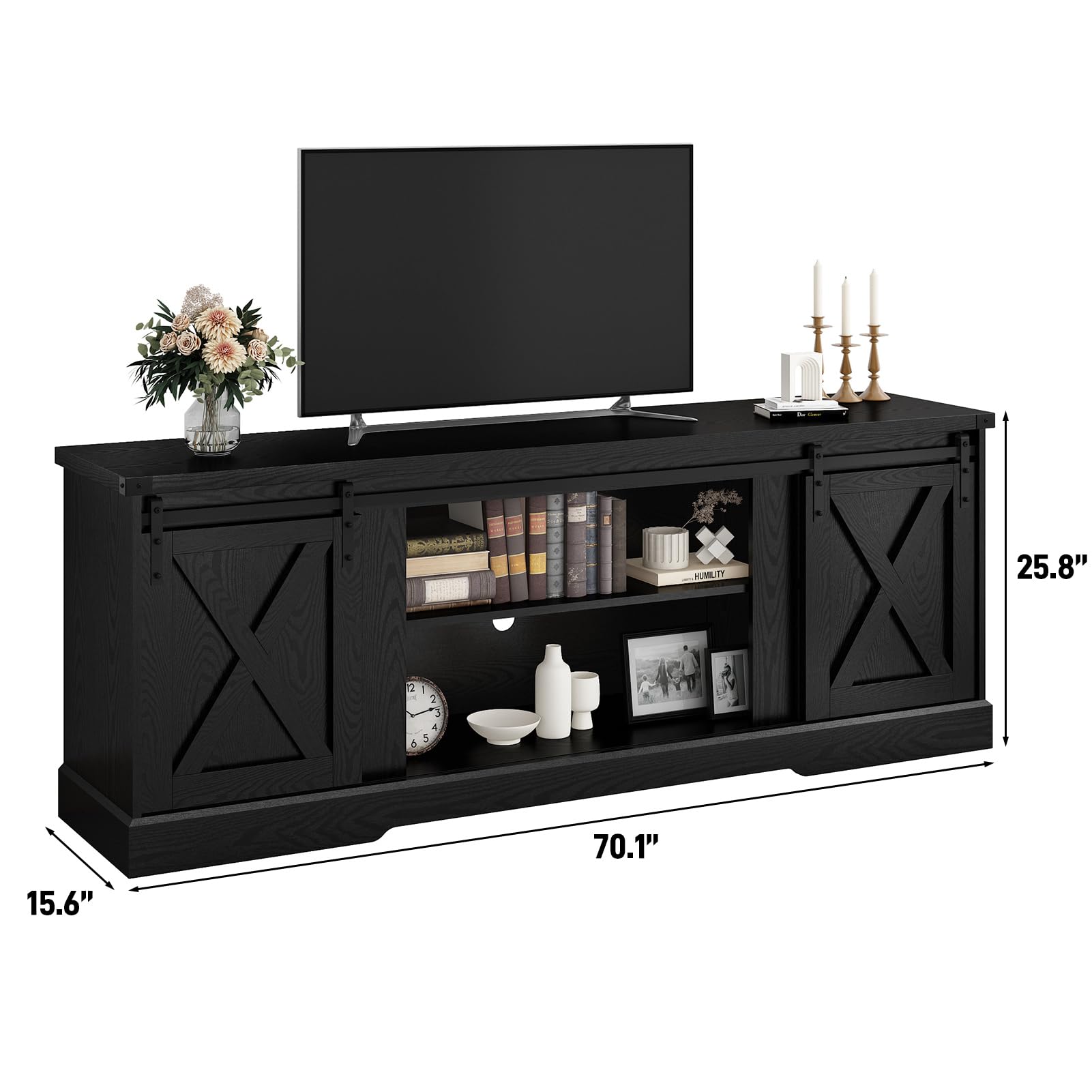 Chvans Farmhouse TV Stand for up 80" TVs/36" Fireplace, 70" Large Entertainment Center Console Table with Barn Door/Adjustable Shevles