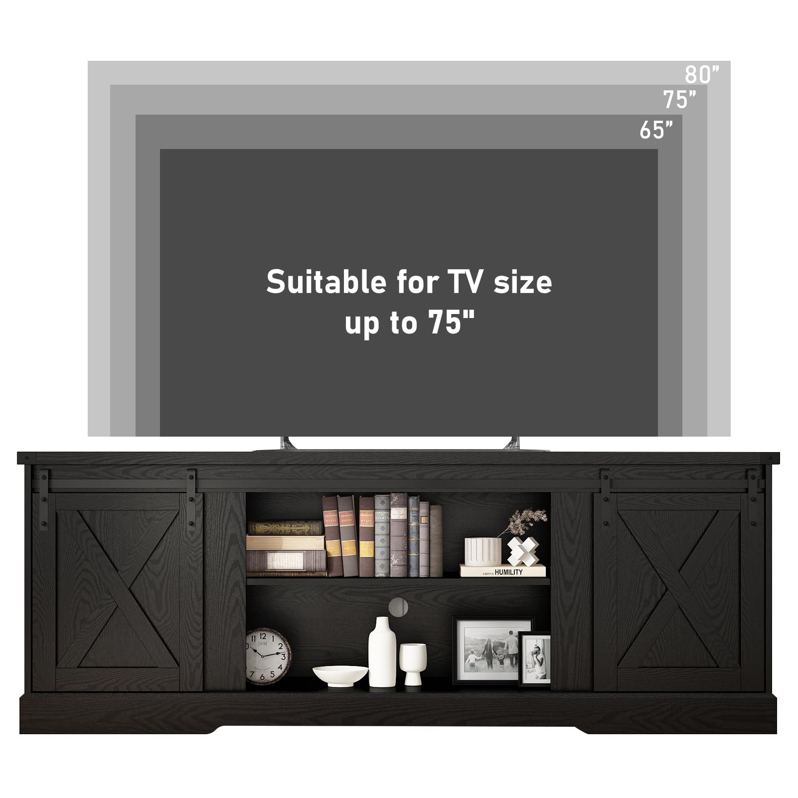 Chvans Farmhouse TV Stand for up 80" TVs/36" Fireplace, 70" Large Entertainment Center Console Table with Barn Door/Adjustable Shevles