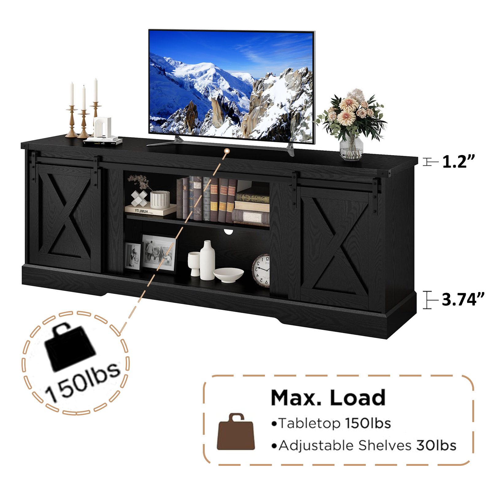 Chvans Farmhouse TV Stand for up 80" TVs/36" Fireplace, 70" Large Entertainment Center Console Table with Barn Door/Adjustable Shevles