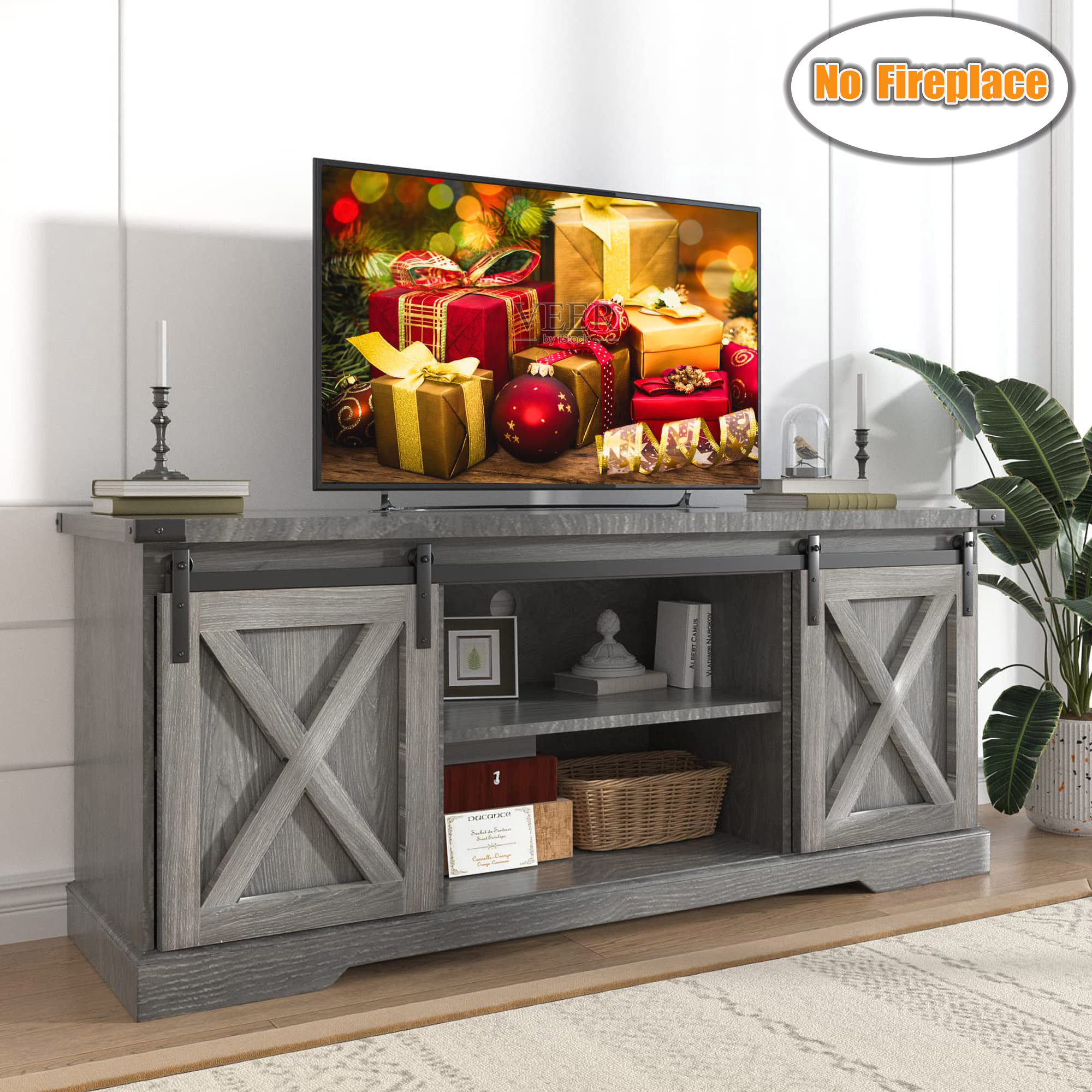 Chvans Farmhouse TV Stand for TVs up to 65 inch & 23" Electric Fireplace, Barn Door Entertainment Center Console Table with Adjustable Shevles