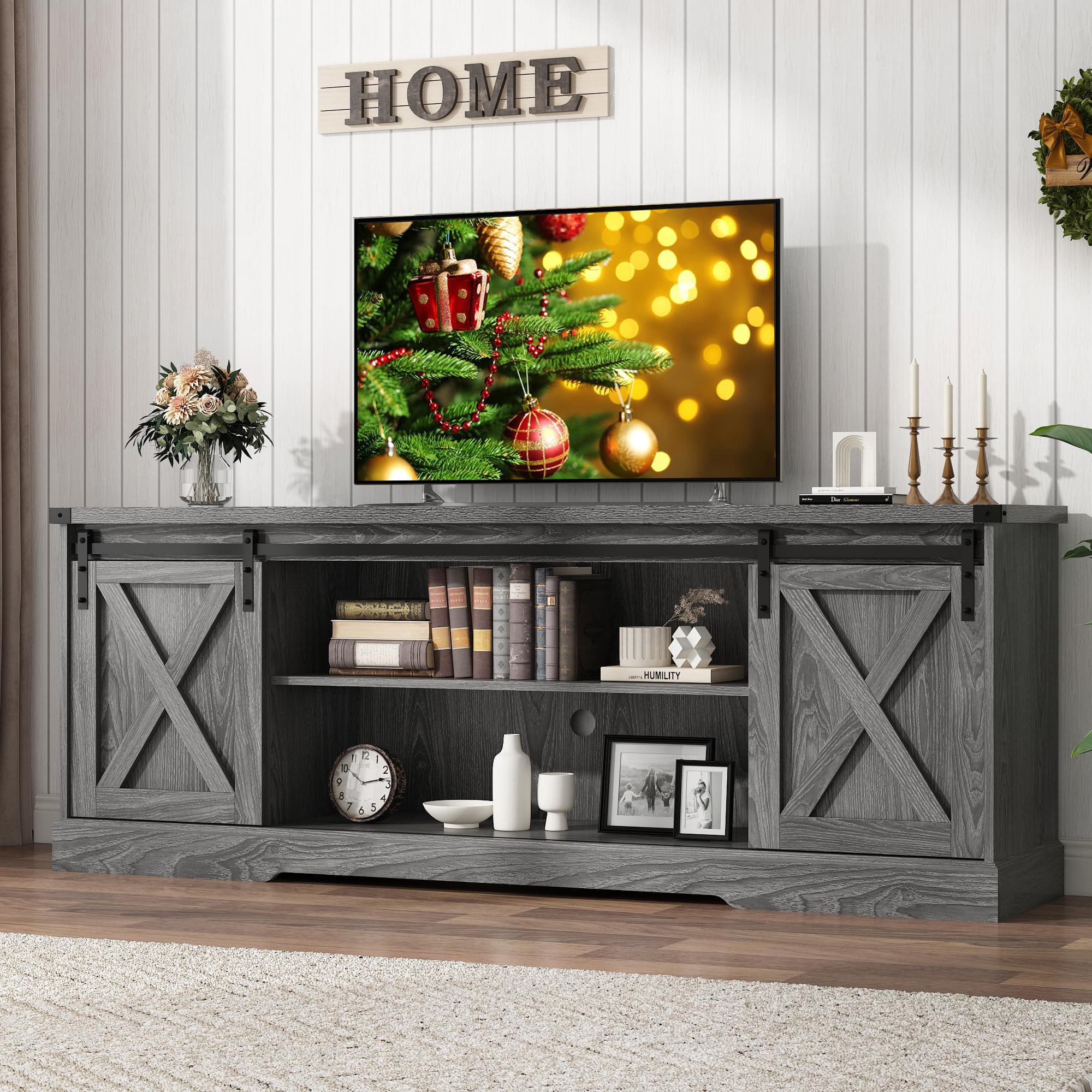 Chvans Farmhouse TV Stand for up 80" TVs/36" Fireplace, 70" Large Entertainment Center Console Table with Barn Door/Adjustable Shevles