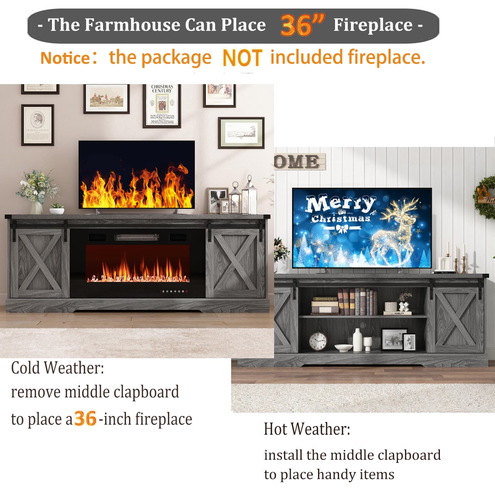 Chvans Farmhouse TV Stand for up 80" TVs/36" Fireplace, 70" Large Entertainment Center Console Table with Barn Door/Adjustable Shevles