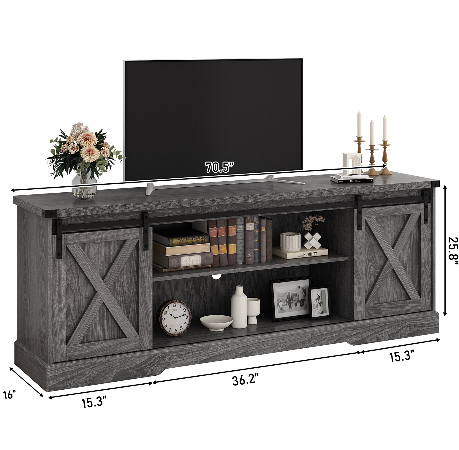 Chvans Farmhouse TV Stand for up 80" TVs/36" Fireplace, 70" Large Entertainment Center Console Table with Barn Door/Adjustable Shevles