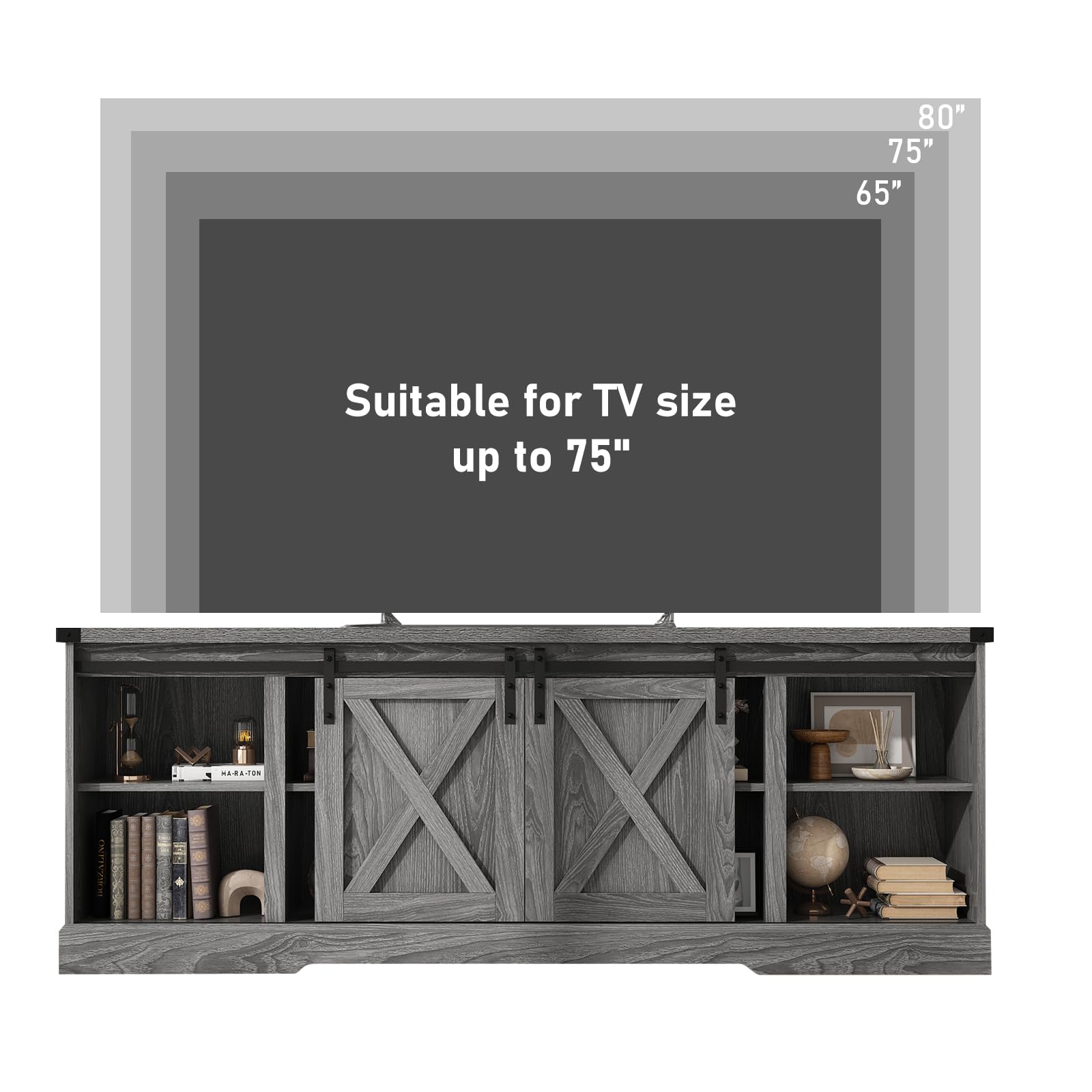 Chvans Farmhouse TV Stand for up 80" TVs/36" Fireplace, 70" Large Entertainment Center Console Table with Barn Door/Adjustable Shevles