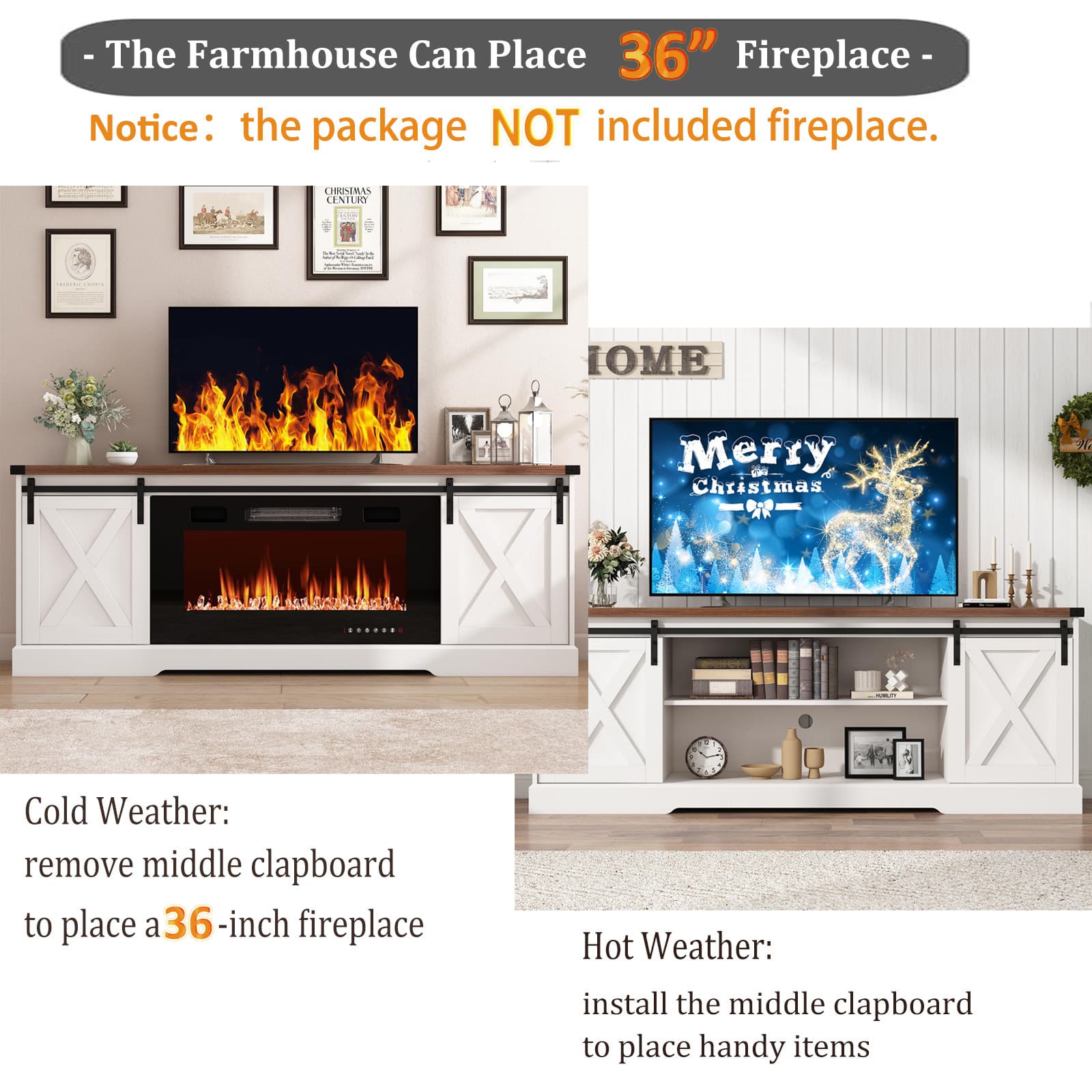 Chvans Farmhouse TV Stand for up 80" TVs/36" Fireplace, 70" Large Entertainment Center Console Table with Barn Door/Adjustable Shevles