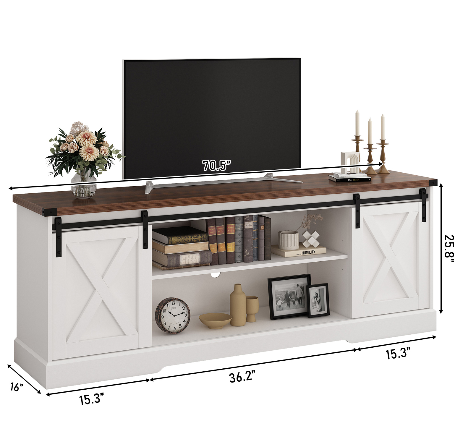 Chvans Farmhouse TV Stand for up 80" TVs/36" Fireplace, 70" Large Entertainment Center Console Table with Barn Door/Adjustable Shevles