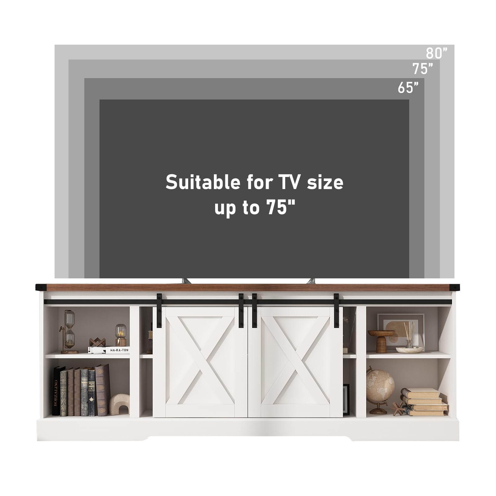 Chvans Farmhouse TV Stand for up 80" TVs/36" Fireplace, 70" Large Entertainment Center Console Table with Barn Door/Adjustable Shevles