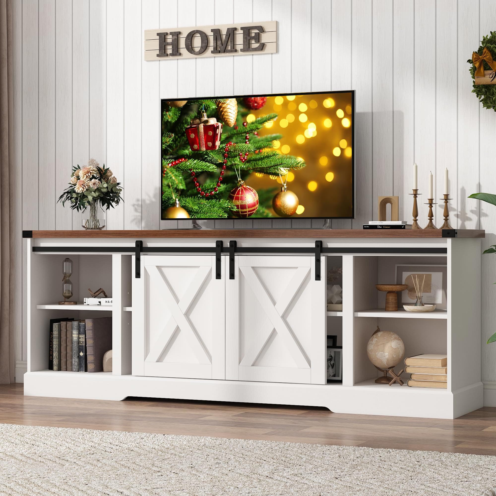 Chvans Farmhouse TV Stand for up 80" TVs/36" Fireplace, 70" Large Entertainment Center Console Table with Barn Door/Adjustable Shevles