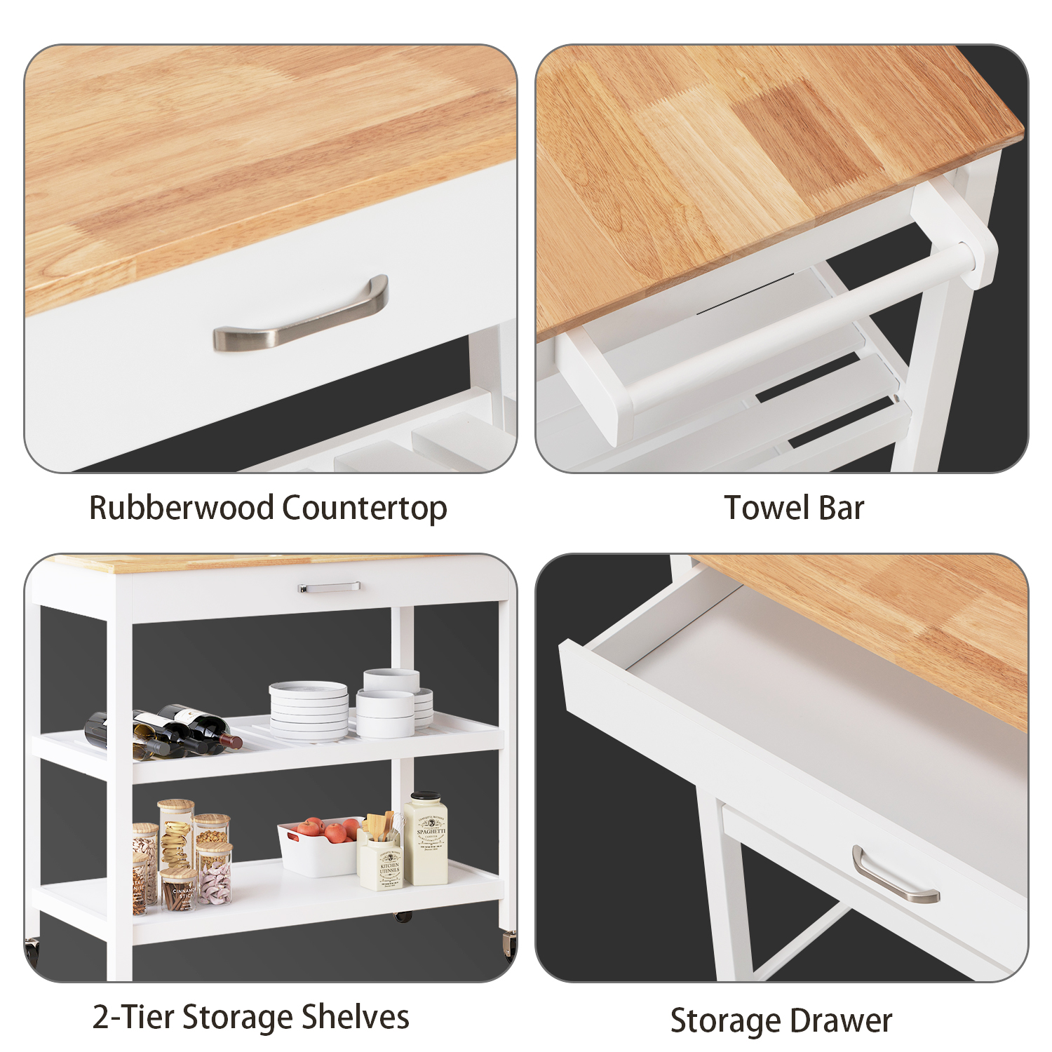 ANPOO 3 Tier Kitchen Island Carts on Wheels with Storage, Mobile Rolling Cart with Large Capacity Storage Drawers, Towel Rack, Rubber wood Top, for Kitchen and Dining Room(Black)
