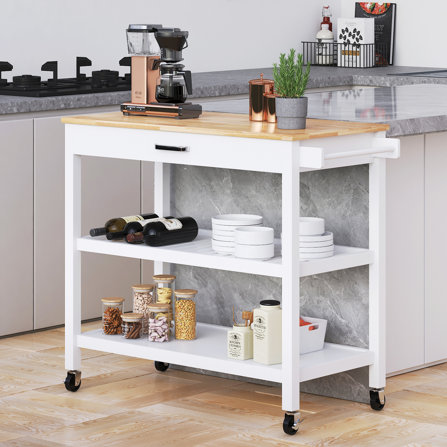 ANPOO 3 Tier Kitchen Island Carts on Wheels with Storage, Mobile Rolling Cart with Large Capacity Storage Drawers, Towel Rack, Rubber wood Top, for Kitchen and Dining Room(Black)