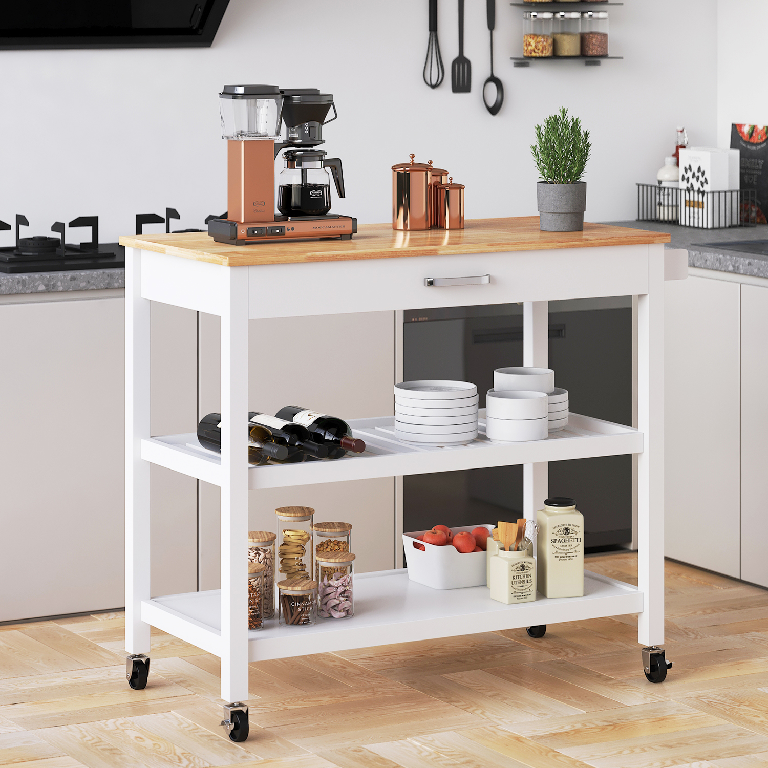 ANPOO 3 Tier Kitchen Island Carts on Wheels with Storage, Mobile Rolling Cart with Large Capacity Storage Drawers, Towel Rack, Rubber wood Top, for Kitchen and Dining Room(Black)