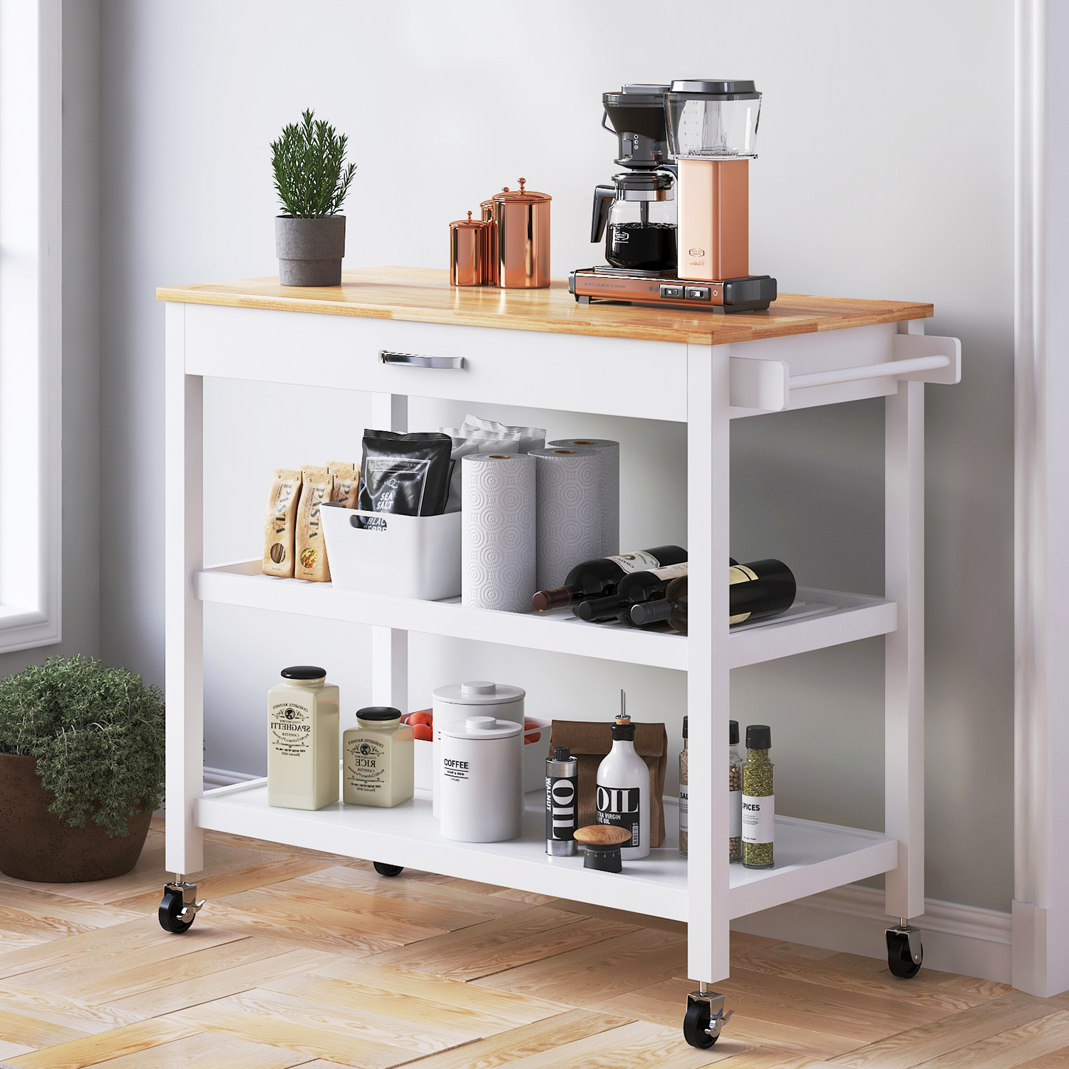 ANPOO 3 Tier Kitchen Island Carts on Wheels with Storage, Mobile Rolling Cart with Large Capacity Storage Drawers, Towel Rack, Rubber wood Top, for Kitchen and Dining Room(Black)
