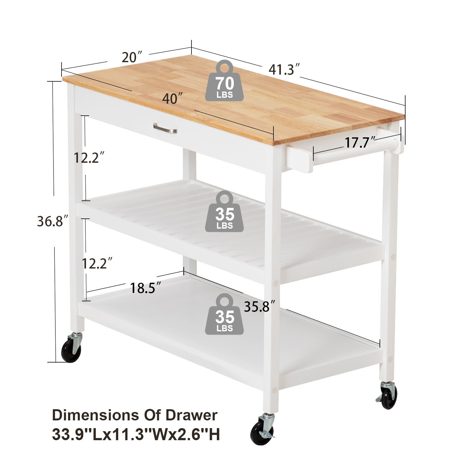 ANPOO 3 Tier Kitchen Island Carts on Wheels with Storage, Mobile Rolling Cart with Large Capacity Storage Drawers, Towel Rack, Rubber wood Top, for Kitchen and Dining Room(Black)