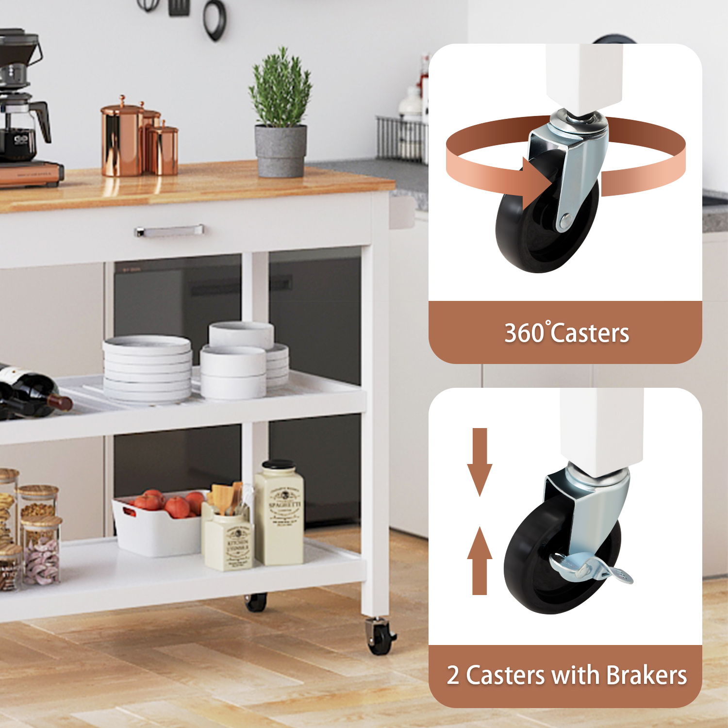 ANPOO 3 Tier Kitchen Island Carts on Wheels with Storage, Mobile Rolling Cart with Large Capacity Storage Drawers, Towel Rack, Rubber wood Top, for Kitchen and Dining Room(Black)