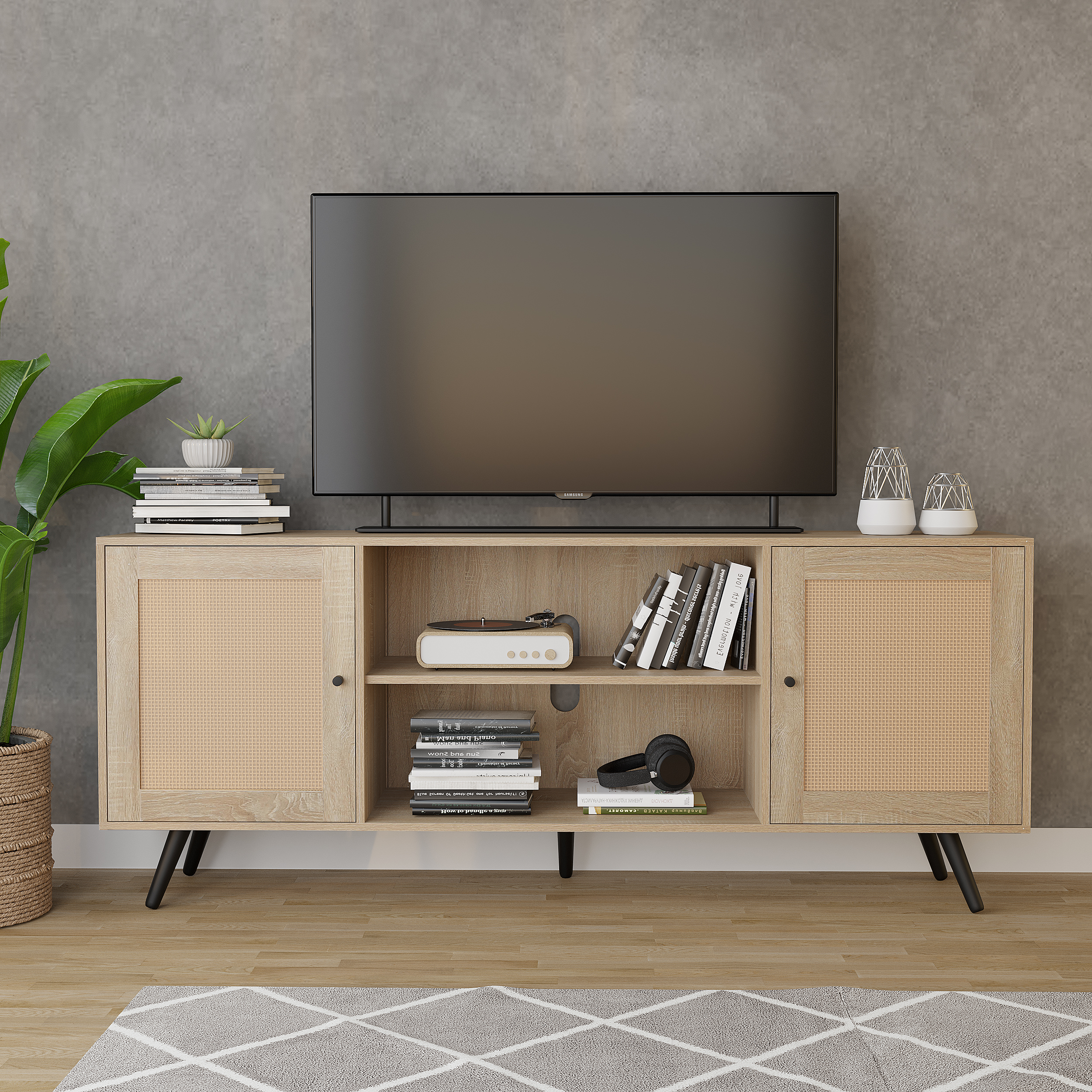 ChVans Rattan 68" TV Stand Media Console up to 75 inch TV, Mid Century Modern Entertainment Center Large Boho elevision Stand for Living Room