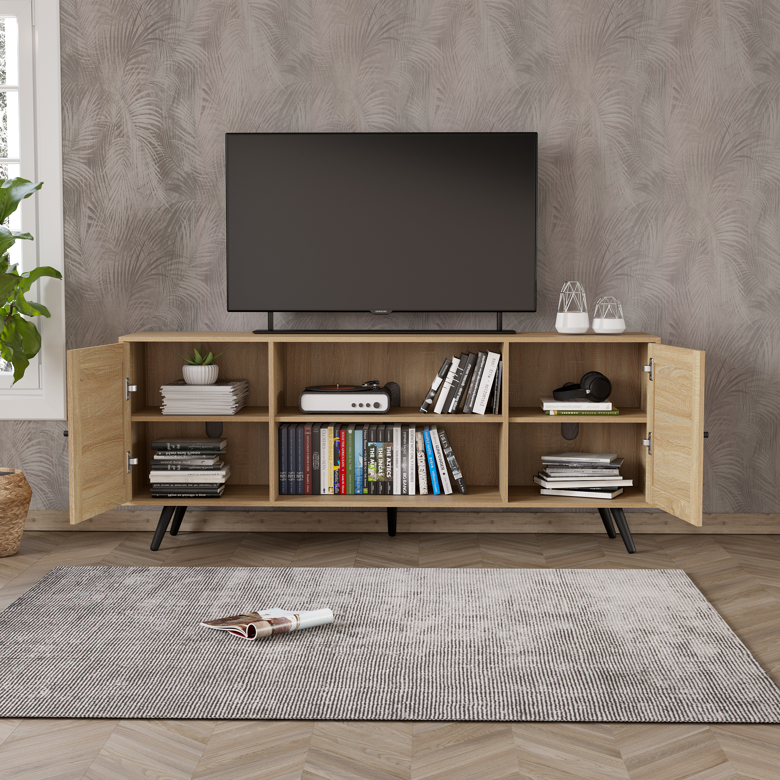 ChVans Rattan 68" TV Stand Media Console up to 75 inch TV, Mid Century Modern Entertainment Center Large Boho elevision Stand for Living Room