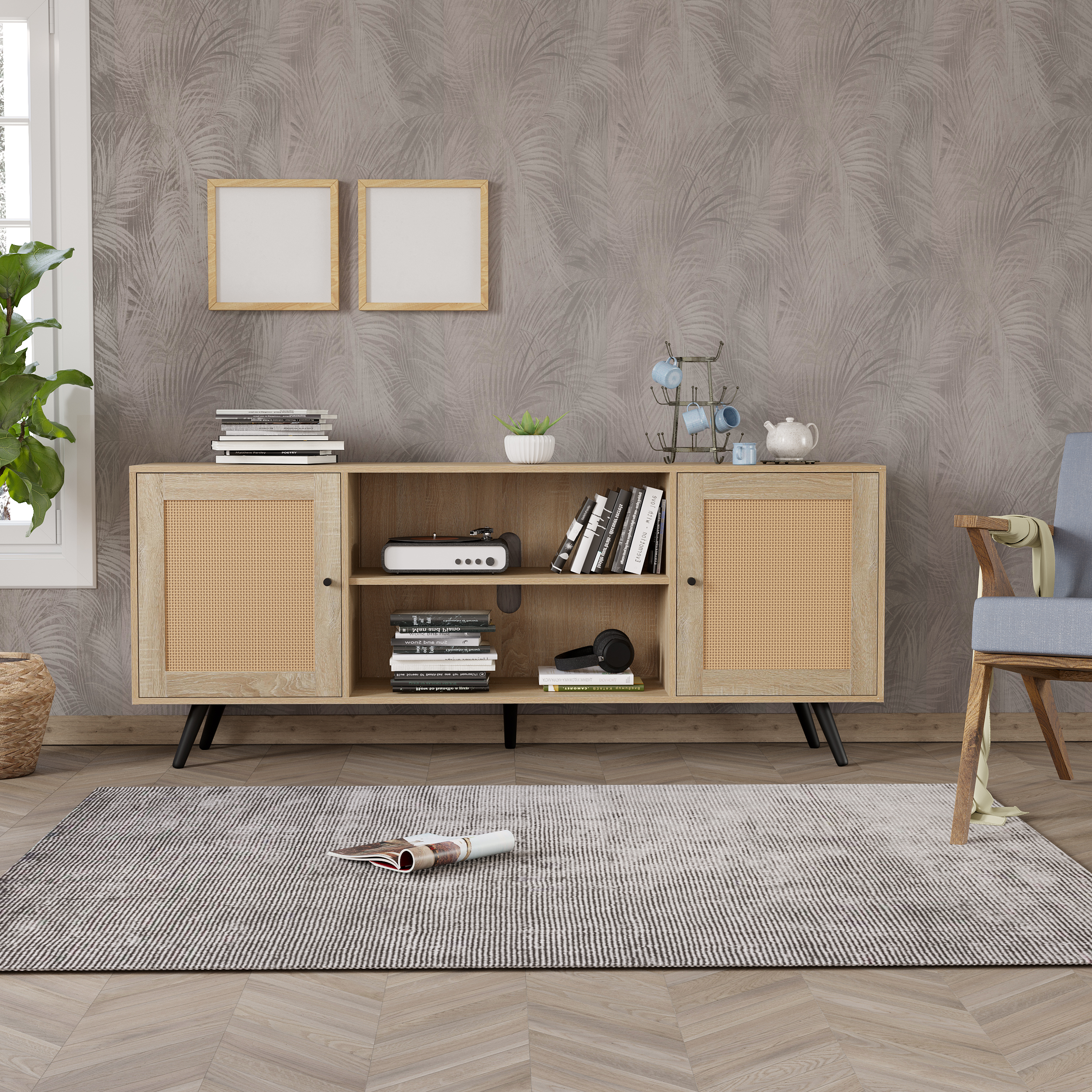 ChVans Rattan 68" TV Stand Media Console up to 75 inch TV, Mid Century Modern Entertainment Center Large Boho elevision Stand for Living Room