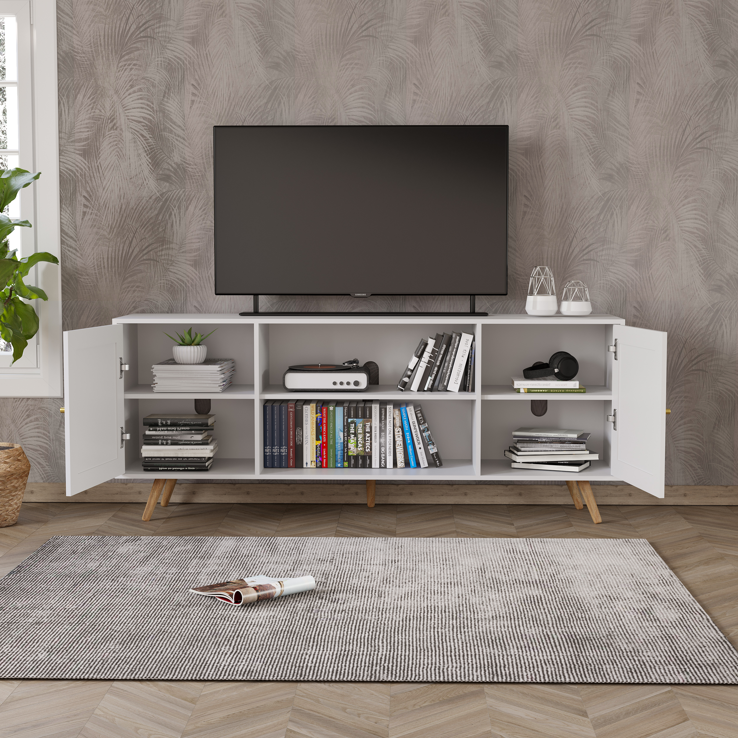 ChVans Rattan 68" TV Stand Media Console up to 75 inch TV, Mid Century Modern Entertainment Center Large Boho elevision Stand for Living Room