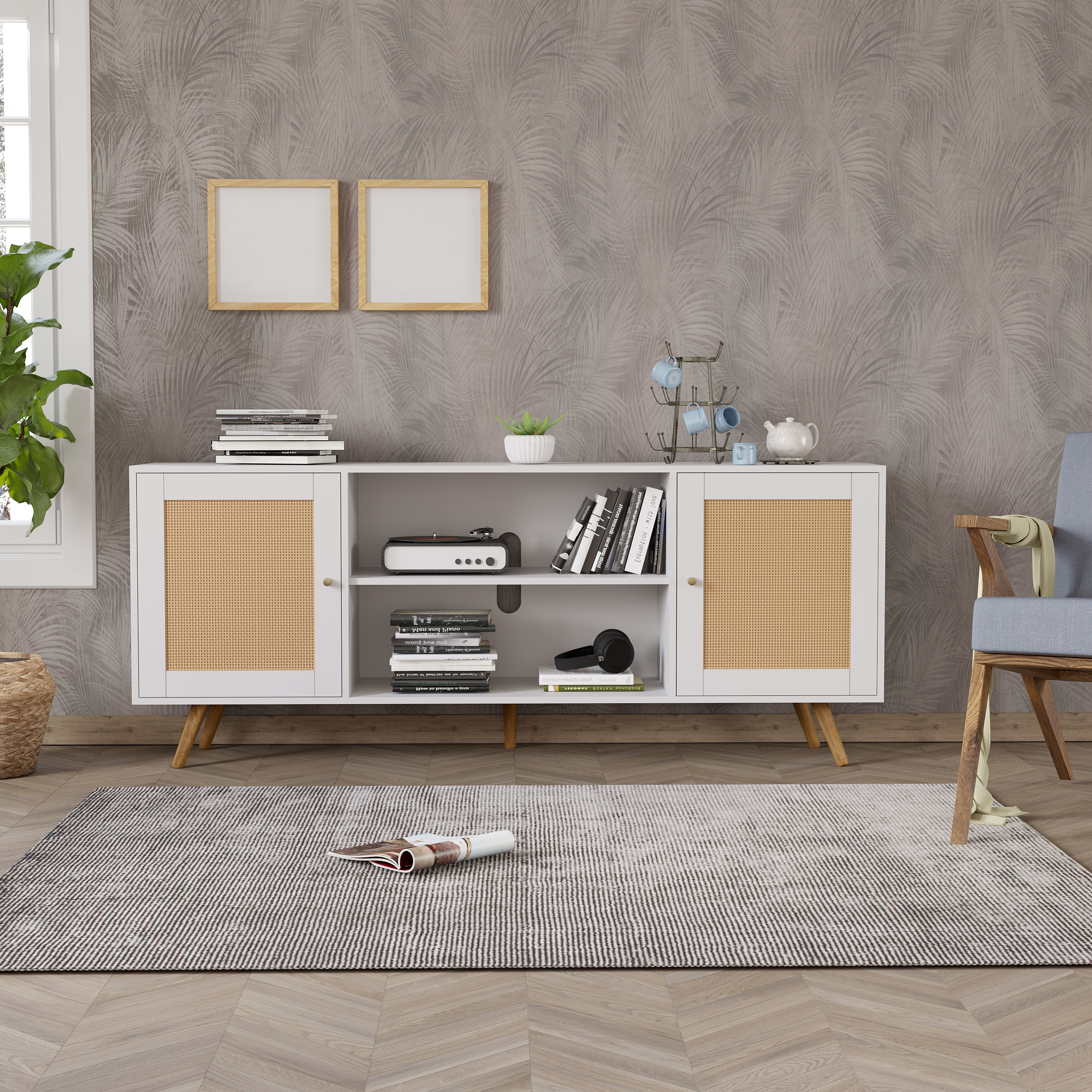 ChVans Rattan 68" TV Stand Media Console up to 75 inch TV, Mid Century Modern Entertainment Center Large Boho elevision Stand for Living Room