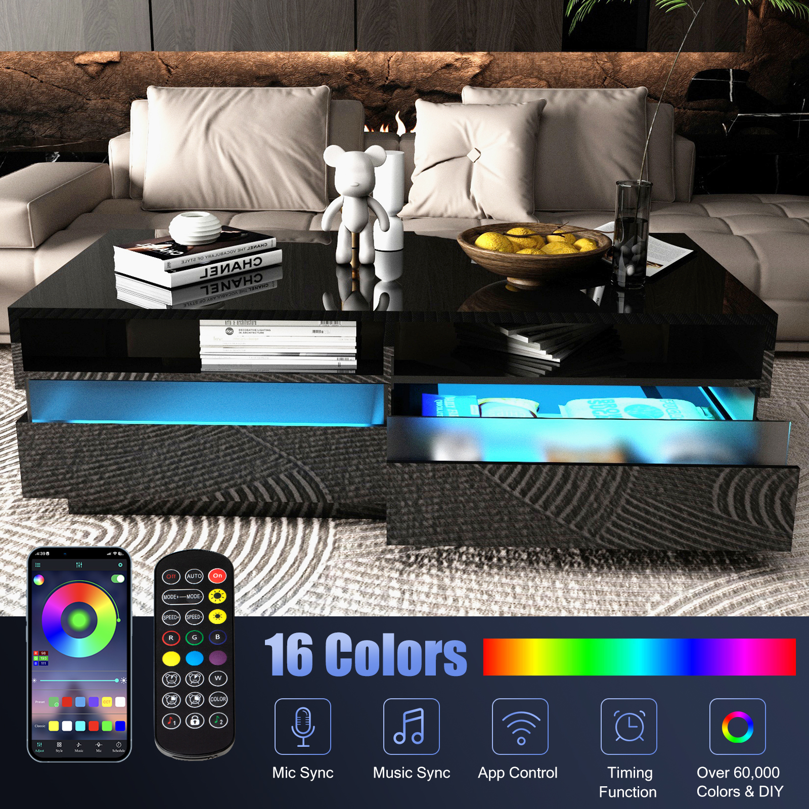 ChVans Modern LED Coffee Table w/ 2 Big Storage Drawers,High Glossy 2-Tier White Coffee Table w/ 60000-Color LED Lights,App Control,Rectangle Center Table w/Open Shelf for Living Room Bedroom