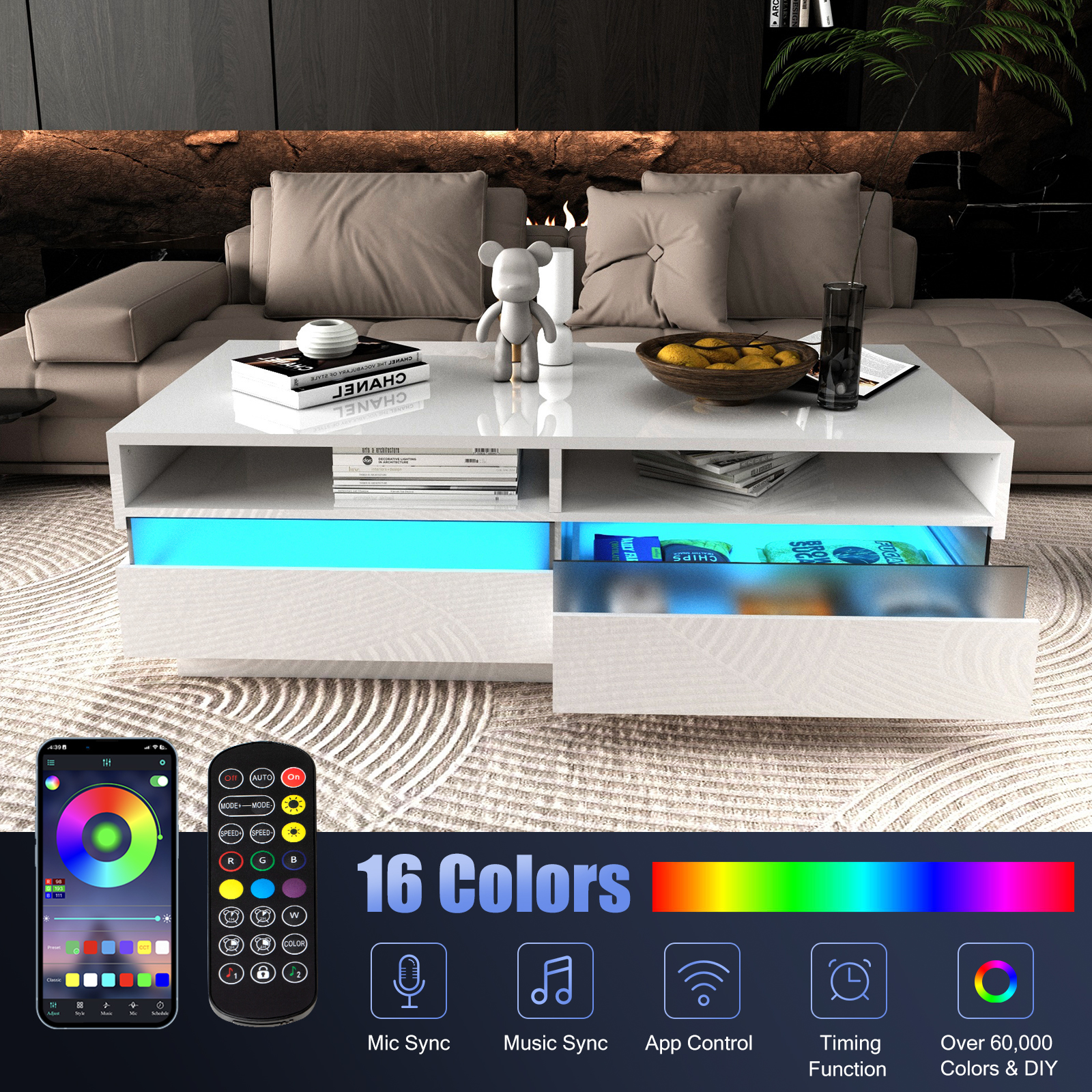 ChVans Modern LED Coffee Table w/ 2 Big Storage Drawers,High Glossy 2-Tier White Coffee Table w/ 60000-Color LED Lights,App Control,Rectangle Center Table w/Open Shelf for Living Room Bedroom