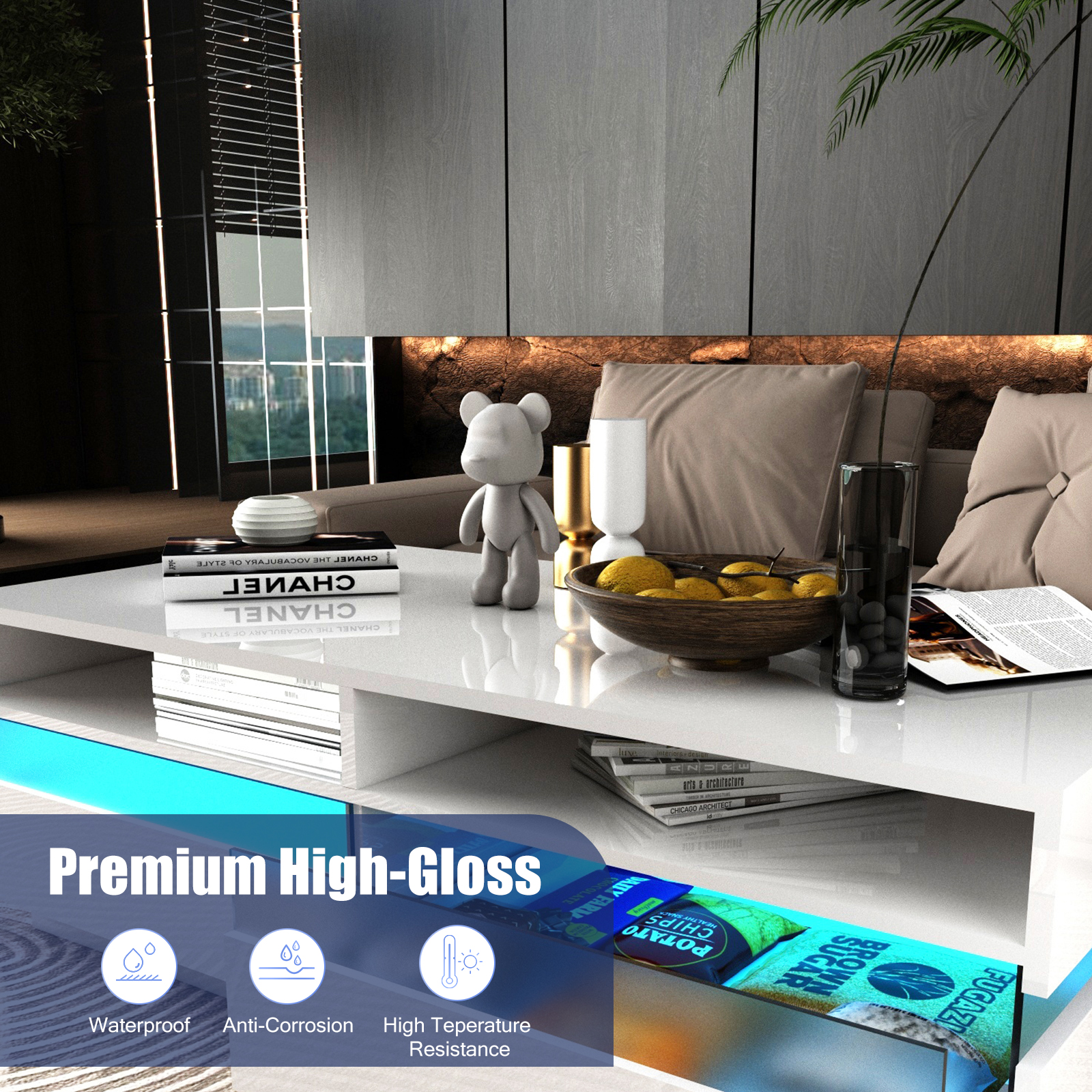 ChVans Modern LED Coffee Table w/ 2 Big Storage Drawers,High Glossy 2-Tier White Coffee Table w/ 60000-Color LED Lights,App Control,Rectangle Center Table w/Open Shelf for Living Room Bedroom