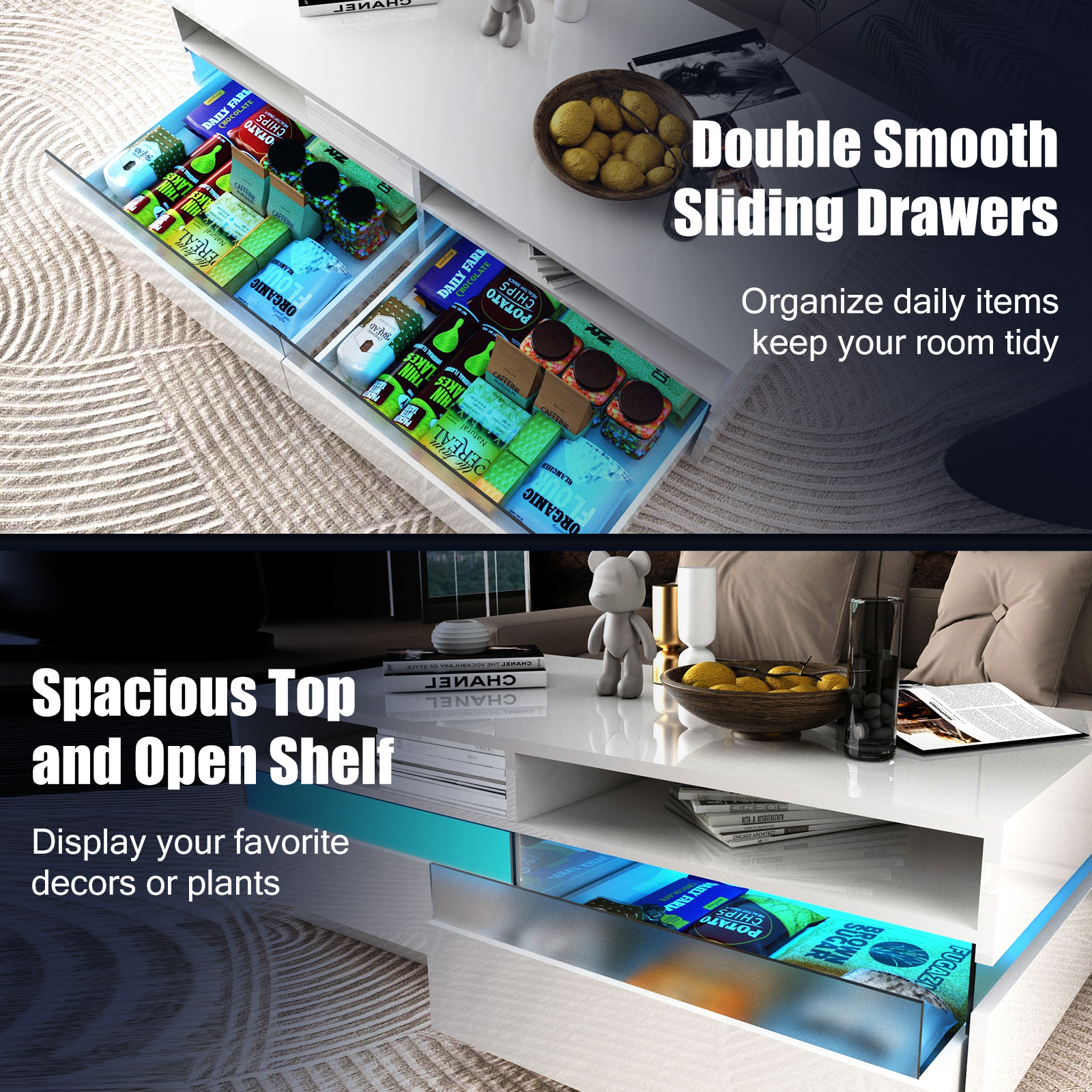 ChVans Modern LED Coffee Table w/ 2 Big Storage Drawers,High Glossy 2-Tier White Coffee Table w/ 60000-Color LED Lights,App Control,Rectangle Center Table w/Open Shelf for Living Room Bedroom