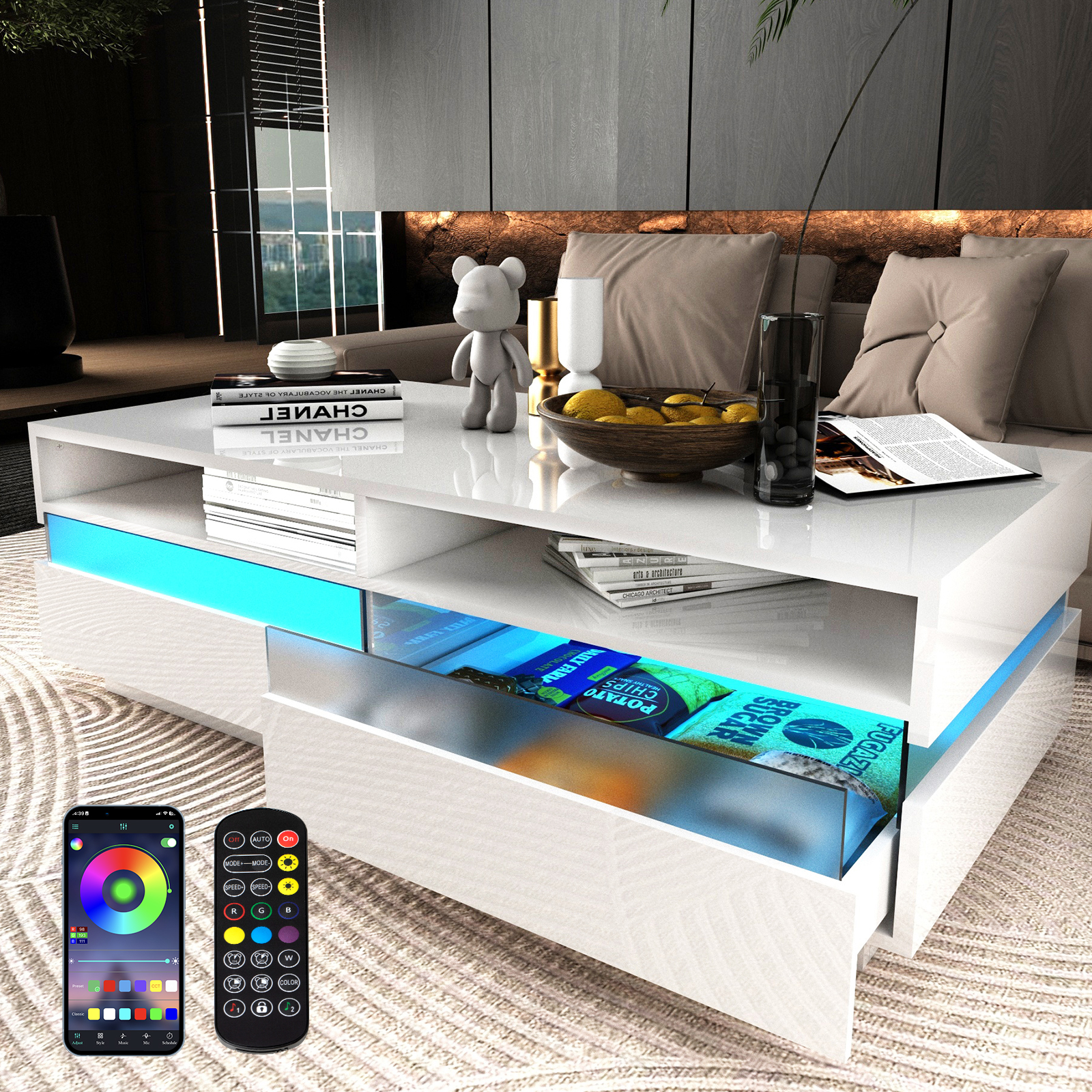 ChVans Modern LED Coffee Table w/ 2 Big Storage Drawers,High Glossy 2-Tier White Coffee Table w/ 60000-Color LED Lights,App Control,Rectangle Center Table w/Open Shelf for Living Room Bedroom