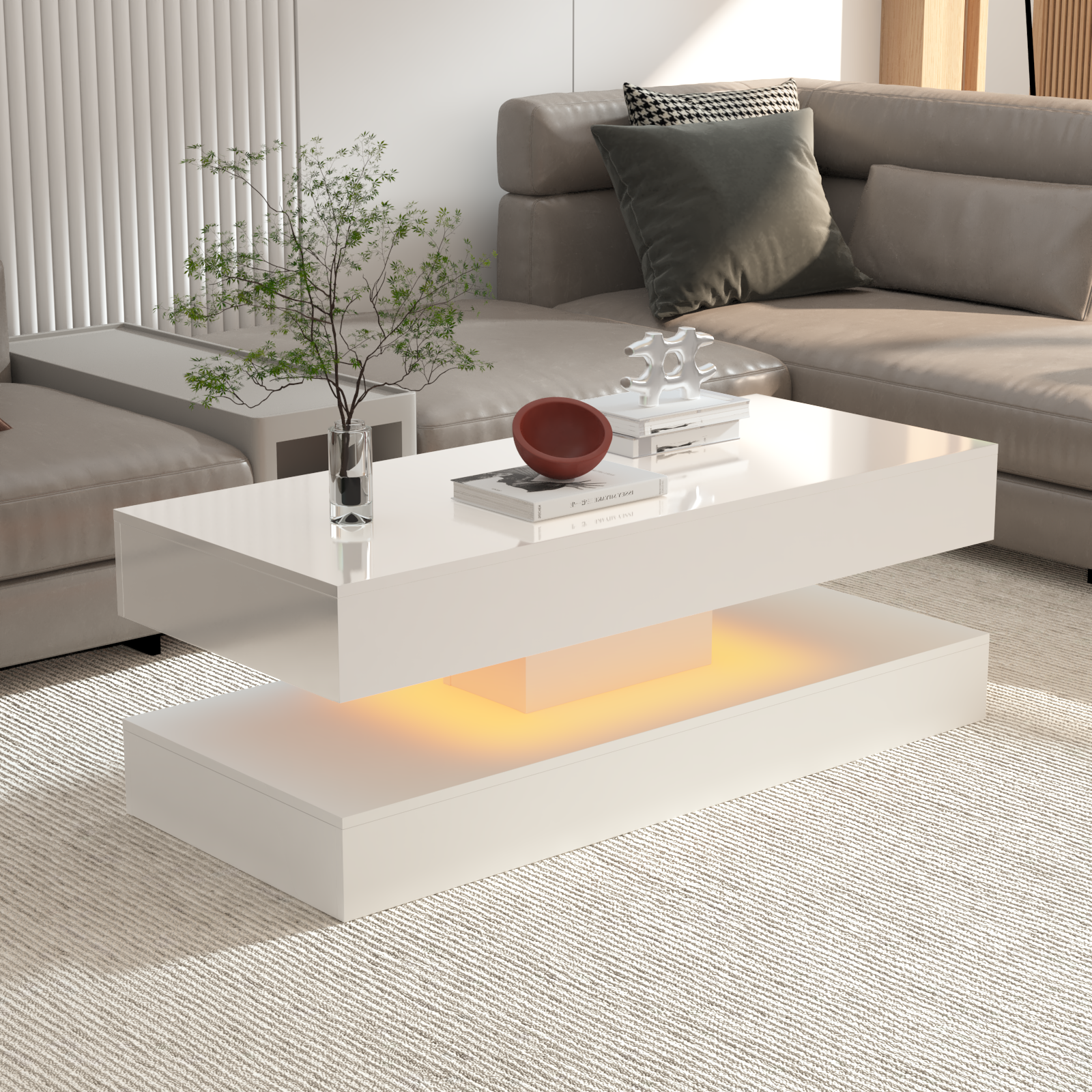 ChVans Black LED Coffee Table with 2 Storage Drawers, Modern High Gloss Coffee Table w/20 Colors LED Lights/APP Control, 2 Tiers Rectangle Large Living Room Furniture w/Marbling Print(47.3"Black)