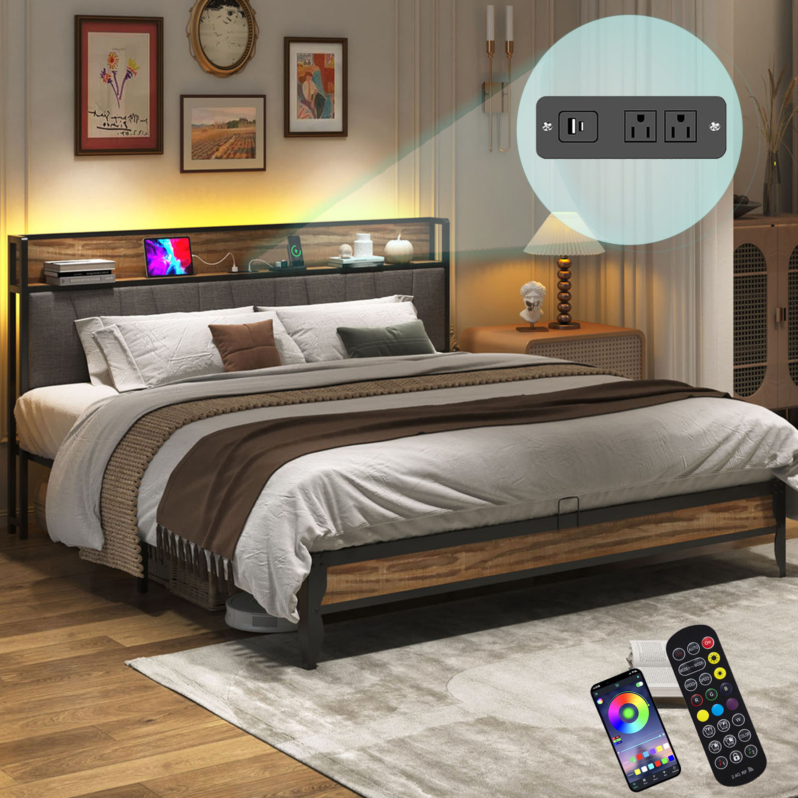 LED Light Bed Frame & Linen Upholstered Headboard, Metal Platform Bed with Outlets/USB Charging Ports, 10" Under Bed Storage