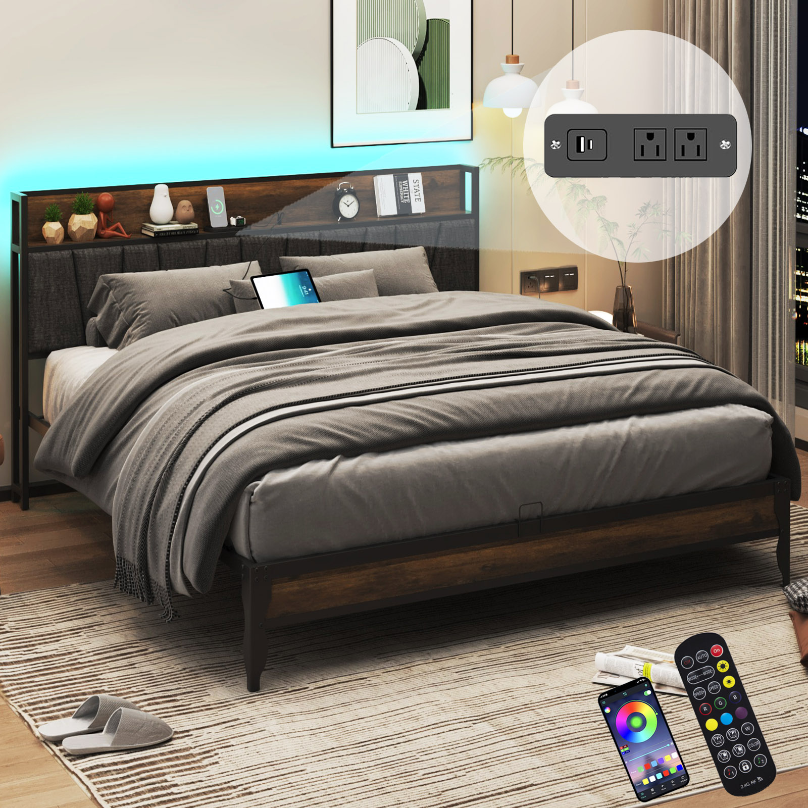 LED Light Bed Frame & Linen Upholstered Headboard, Metal Platform Bed with Outlets/USB Charging Ports, 10" Under Bed Storage