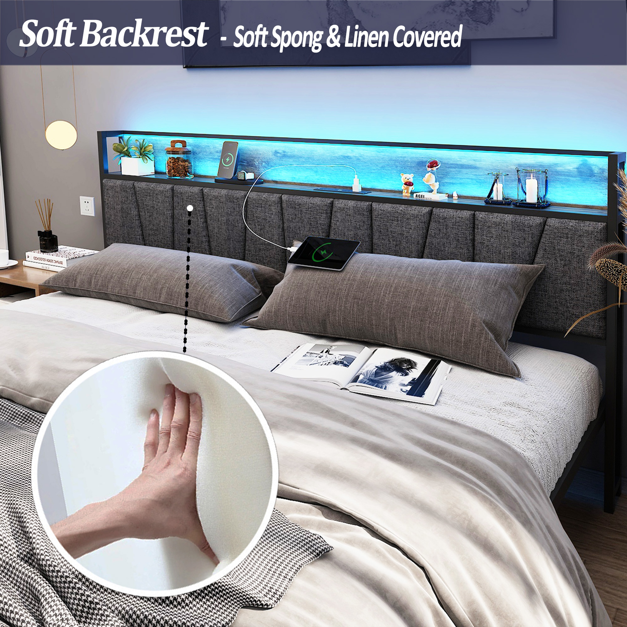 LED Light Bed Frame & Linen Upholstered Headboard, Metal Platform Bed with Outlets/USB Charging Ports, 10" Under Bed Storage