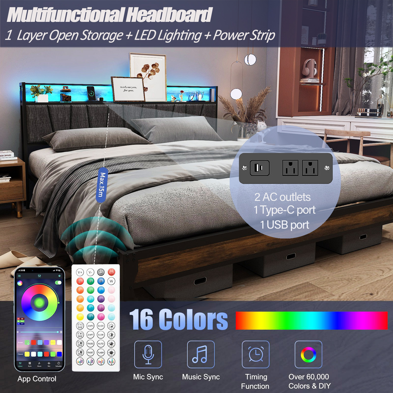 LED Light Bed Frame & Linen Upholstered Headboard, Metal Platform Bed with Outlets/USB Charging Ports, 10" Under Bed Storage