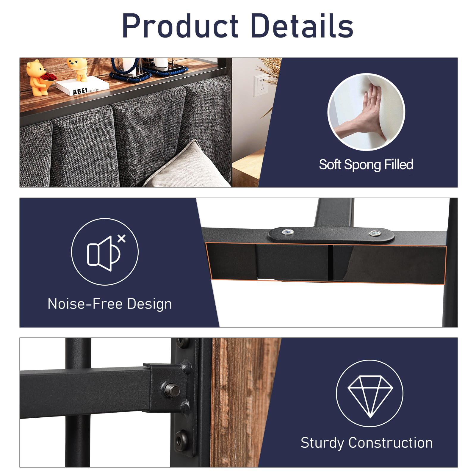 LED Light Bed Frame & Linen Upholstered Headboard, Metal Platform Bed with Outlets/USB Charging Ports, 10" Under Bed Storage