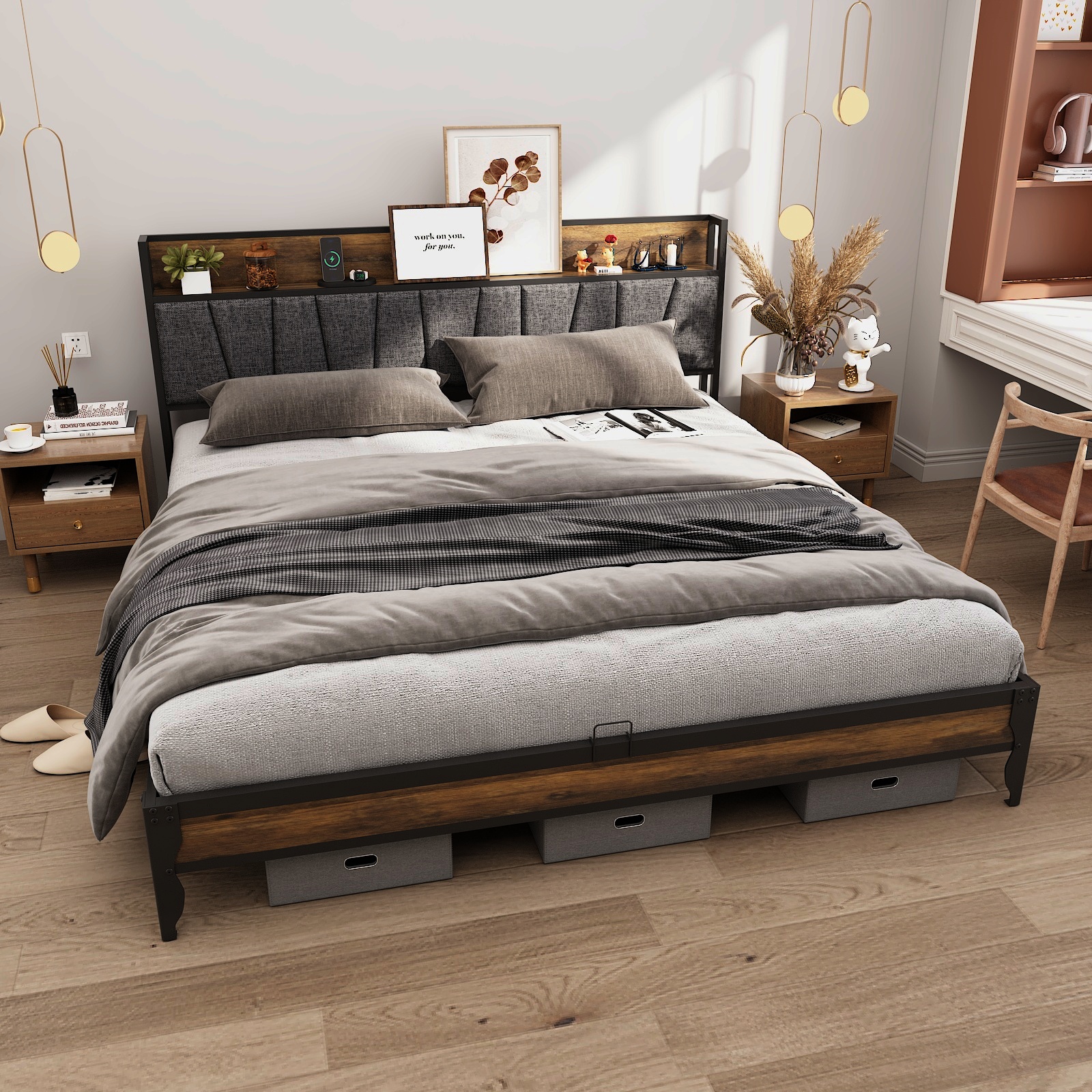 LED Light Bed Frame & Linen Upholstered Headboard, Metal Platform Bed with Outlets/USB Charging Ports, 10" Under Bed Storage