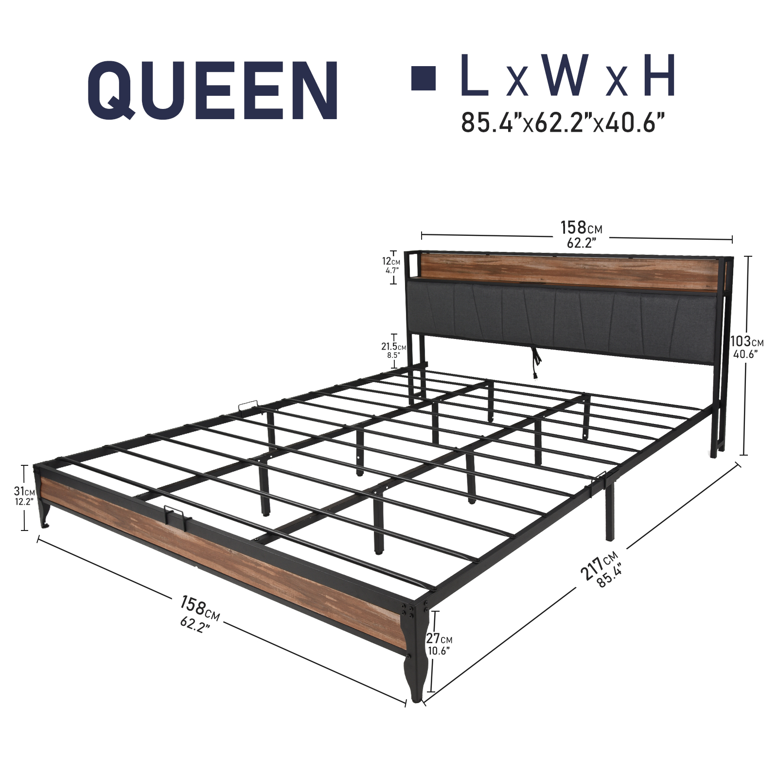 LED Light Bed Frame & Linen Upholstered Headboard, Metal Platform Bed with Outlets/USB Charging Ports, 10" Under Bed Storage