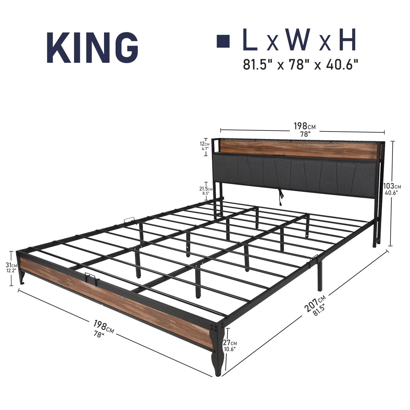 LED Light Bed Frame & Linen Upholstered Headboard, Metal Platform Bed with Outlets/USB Charging Ports, 10" Under Bed Storage