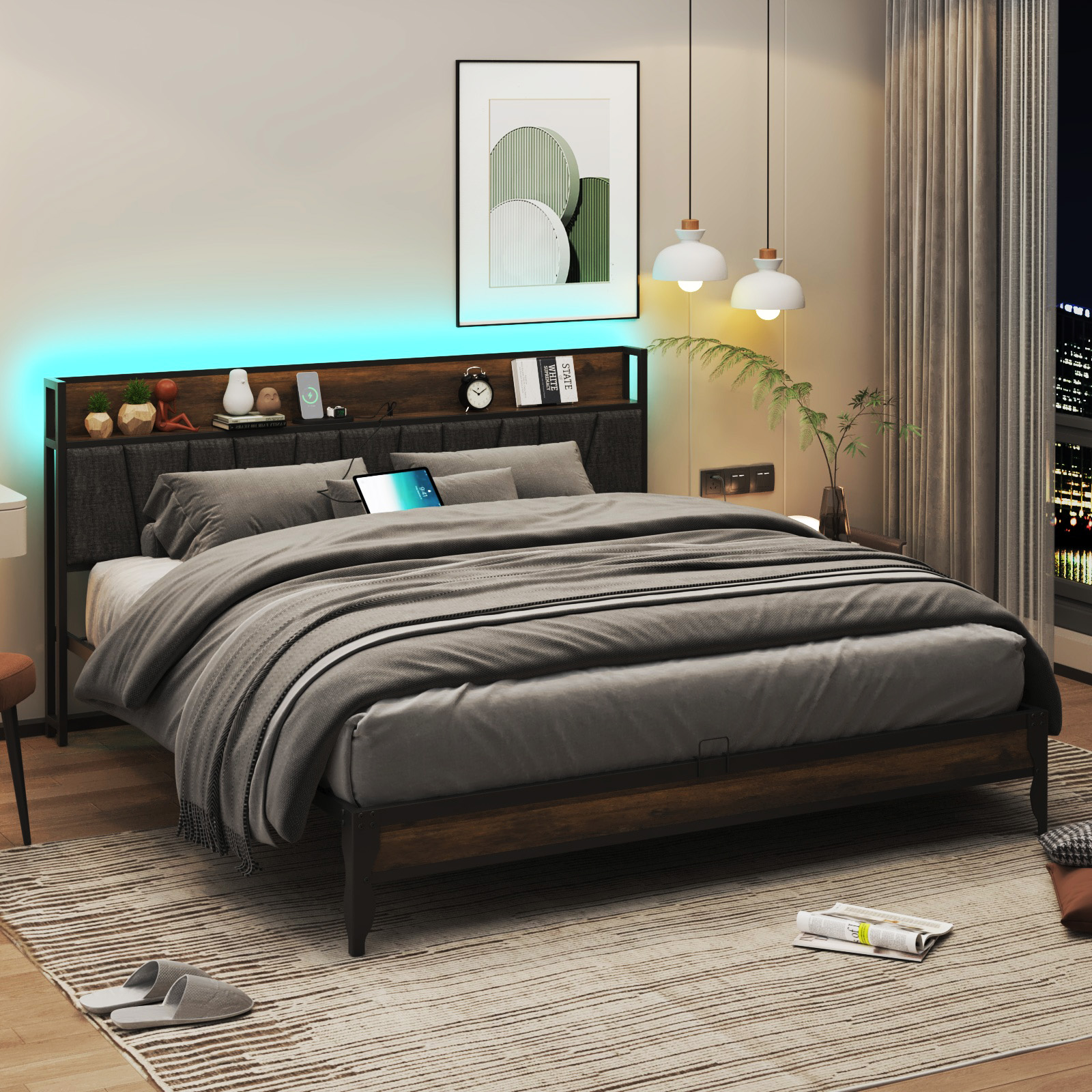 LED Light Bed Frame & Linen Upholstered Headboard, Metal Platform Bed with Outlets/USB Charging Ports, 10" Under Bed Storage