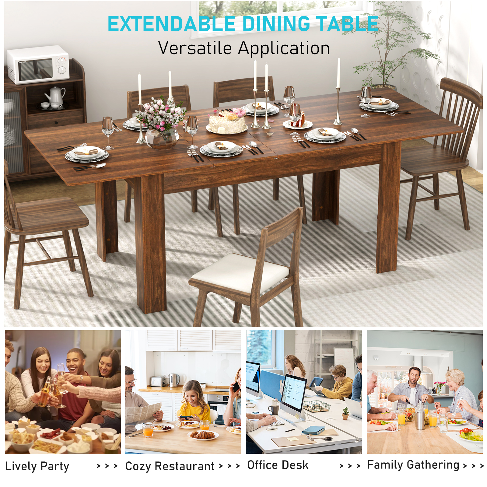 ChVans Large Mobile Extendable Dining Table for 6-10, Modern Wood Kitchen Table Rectangular Table for Dining Room, Living Room