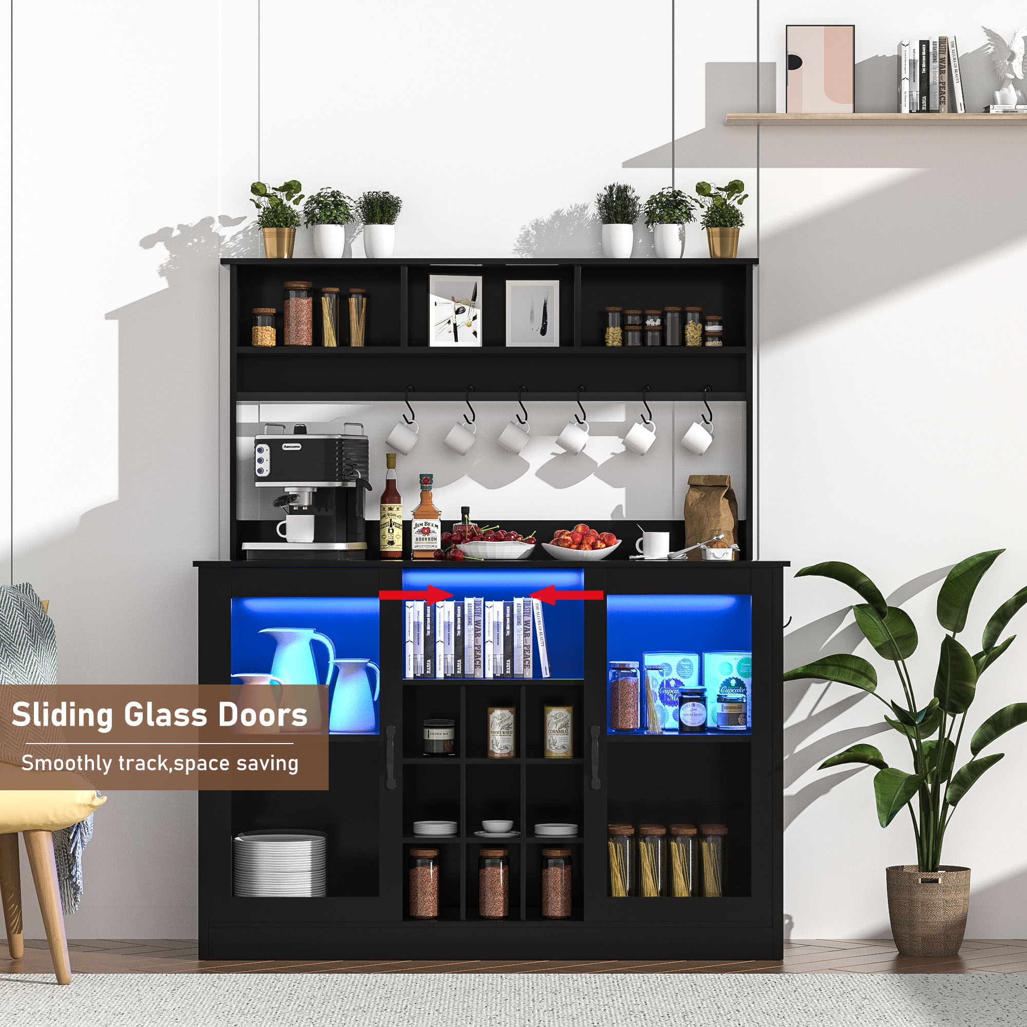 Chvans Farmhouse Coffee Bar Cabinet, 58" Tall Bar Cabinet with LED Lights & Power Outlet, Sideboard Buffet Cabinet with Storage Barn Door, Adjustable Shelf, 9 Wine Racks, 6 Hooks