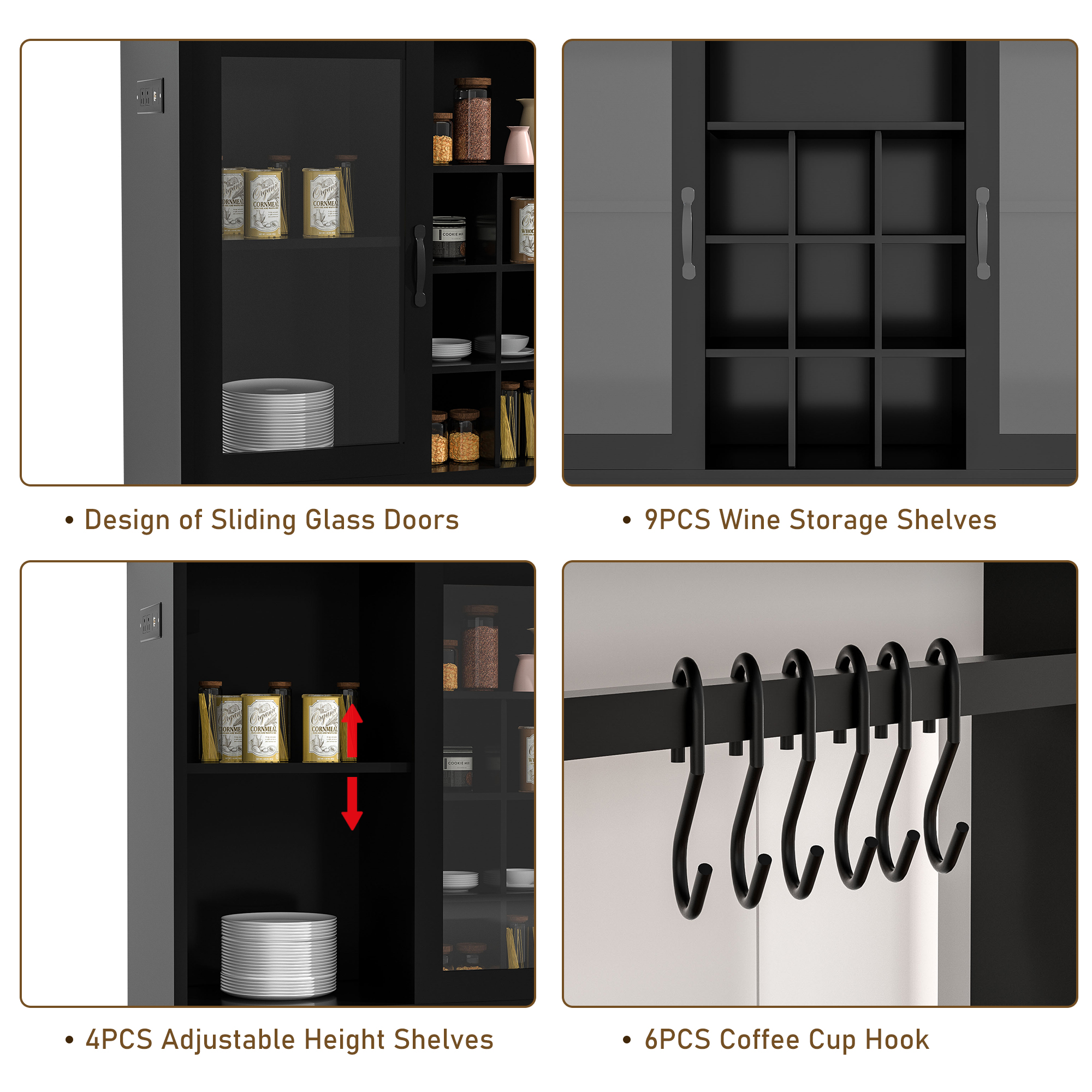 Chvans Farmhouse Coffee Bar Cabinet, 58" Tall Bar Cabinet with LED Lights & Power Outlet, Sideboard Buffet Cabinet with Storage Barn Door, Adjustable Shelf, 9 Wine Racks, 6 Hooks
