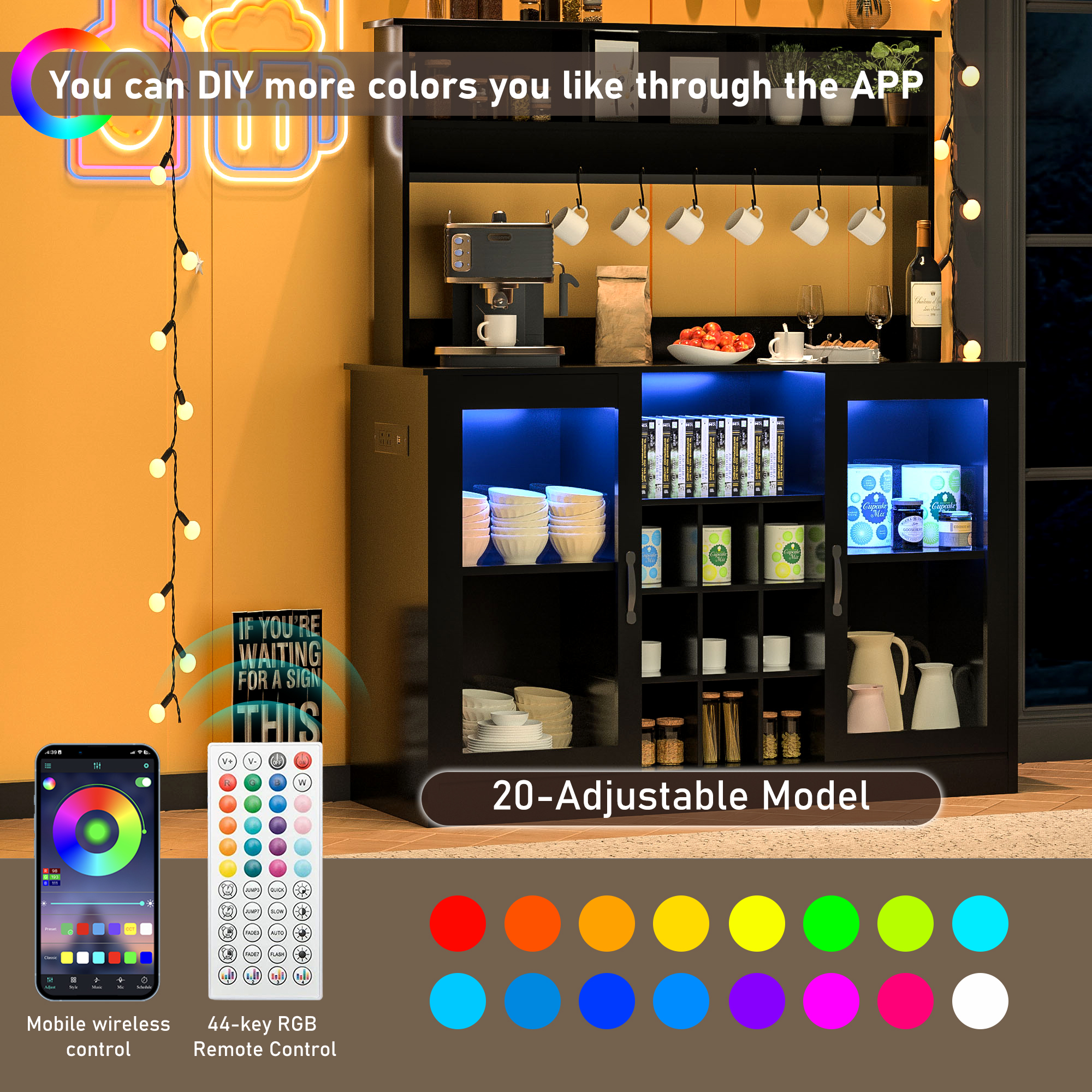 Chvans Farmhouse Coffee Bar Cabinet, 58" Tall Bar Cabinet with LED Lights & Power Outlet, Sideboard Buffet Cabinet with Storage Barn Door, Adjustable Shelf, 9 Wine Racks, 6 Hooks