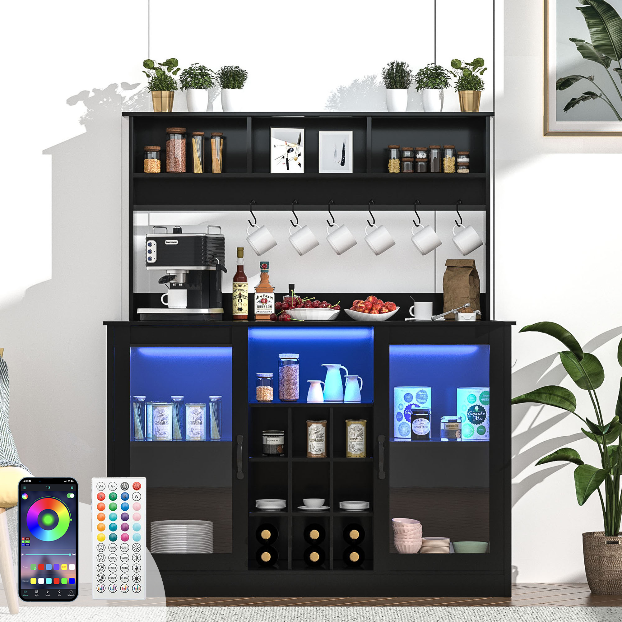 Chvans Farmhouse Coffee Bar Cabinet, 58" Tall Bar Cabinet with LED Lights & Power Outlet, Sideboard Buffet Cabinet with Storage Barn Door, Adjustable Shelf, 9 Wine Racks, 6 Hooks