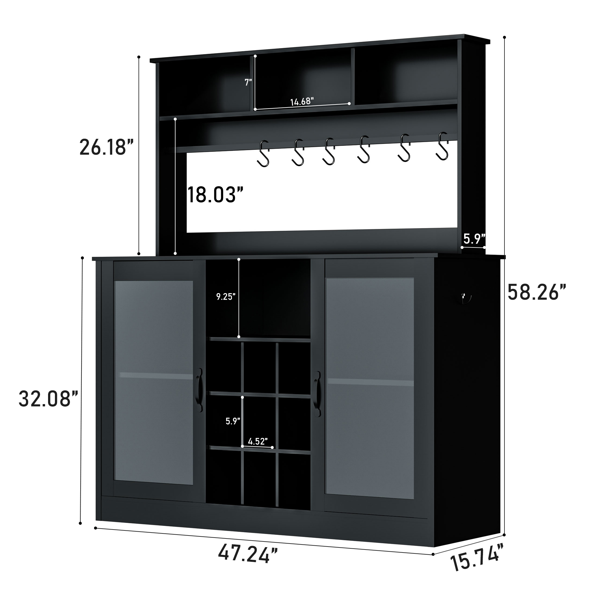 Chvans Farmhouse Coffee Bar Cabinet, 58" Tall Bar Cabinet with LED Lights & Power Outlet, Sideboard Buffet Cabinet with Storage Barn Door, Adjustable Shelf, 9 Wine Racks, 6 Hooks