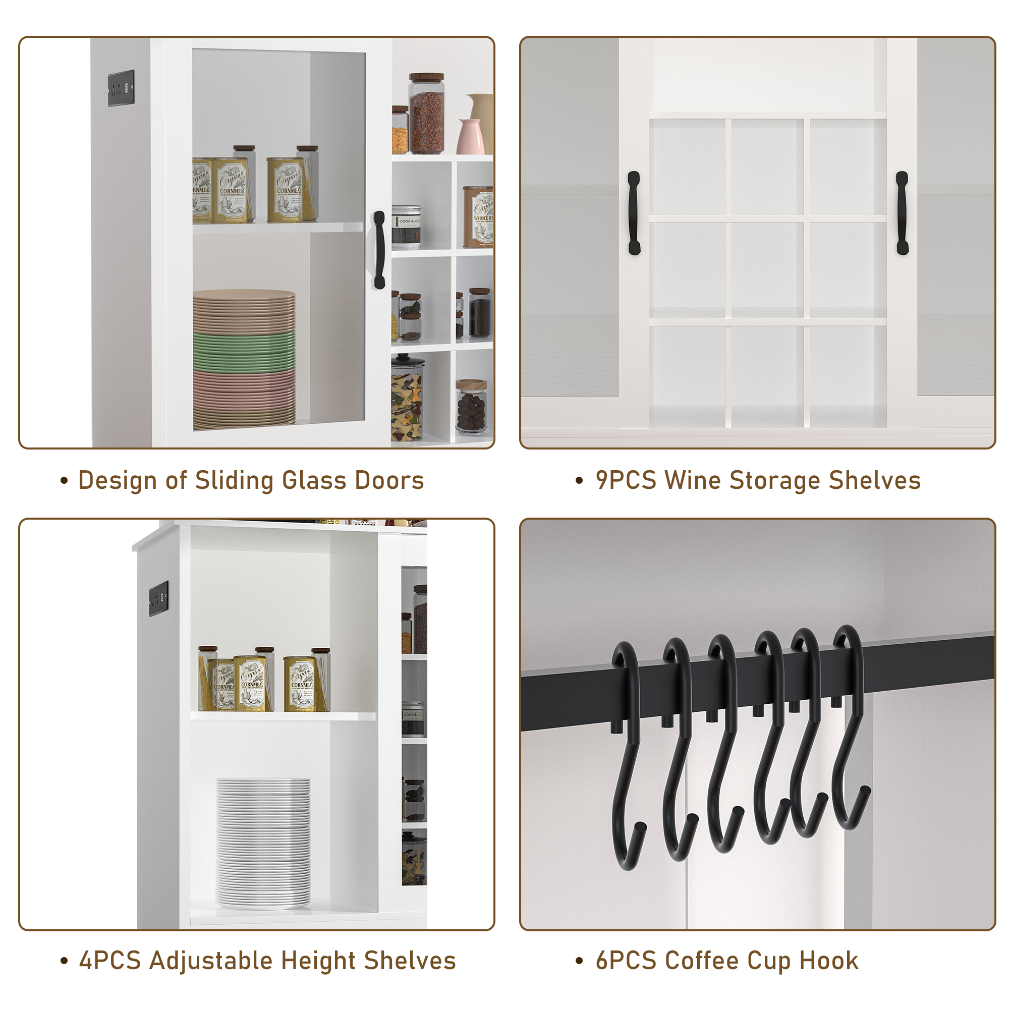Chvans Farmhouse Coffee Bar Cabinet, 58" Tall Bar Cabinet with LED Lights & Power Outlet, Sideboard Buffet Cabinet with Storage Barn Door, Adjustable Shelf, 9 Wine Racks, 6 Hooks
