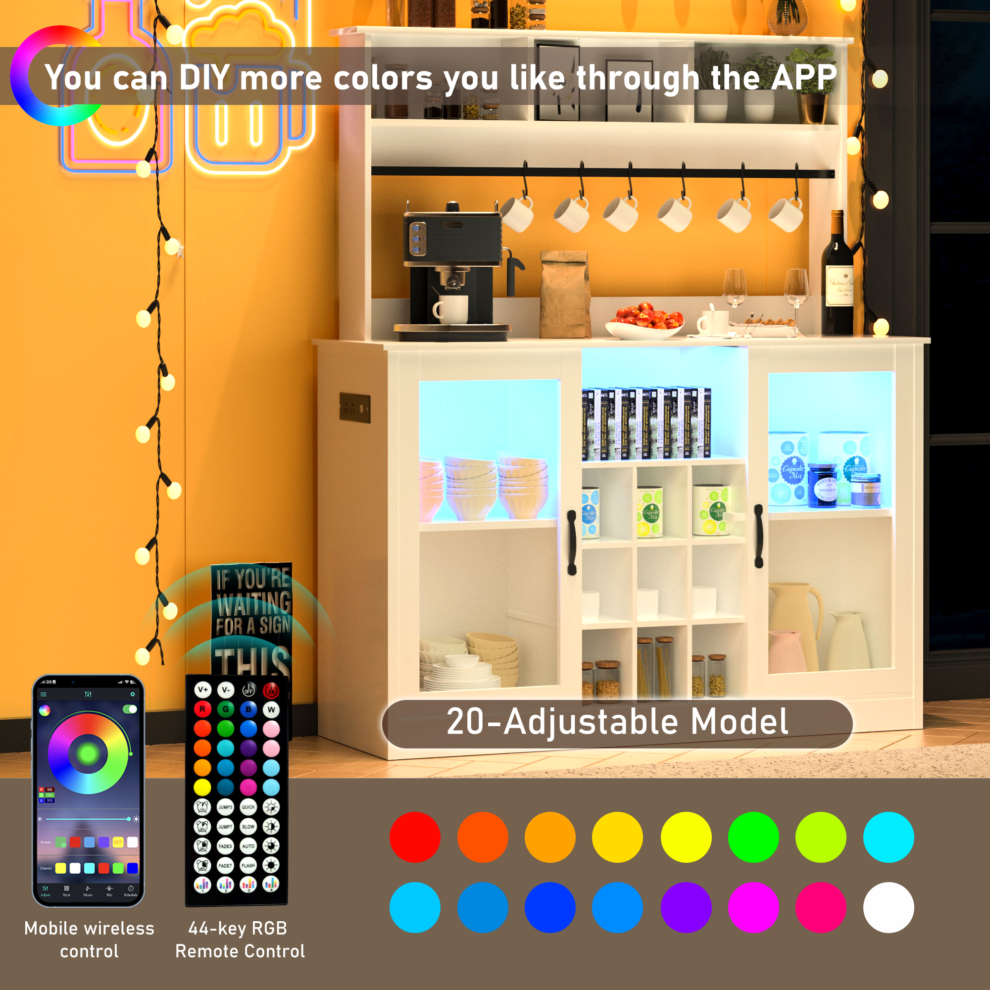 Chvans Farmhouse Coffee Bar Cabinet, 58" Tall Bar Cabinet with LED Lights & Power Outlet, Sideboard Buffet Cabinet with Storage Barn Door, Adjustable Shelf, 9 Wine Racks, 6 Hooks